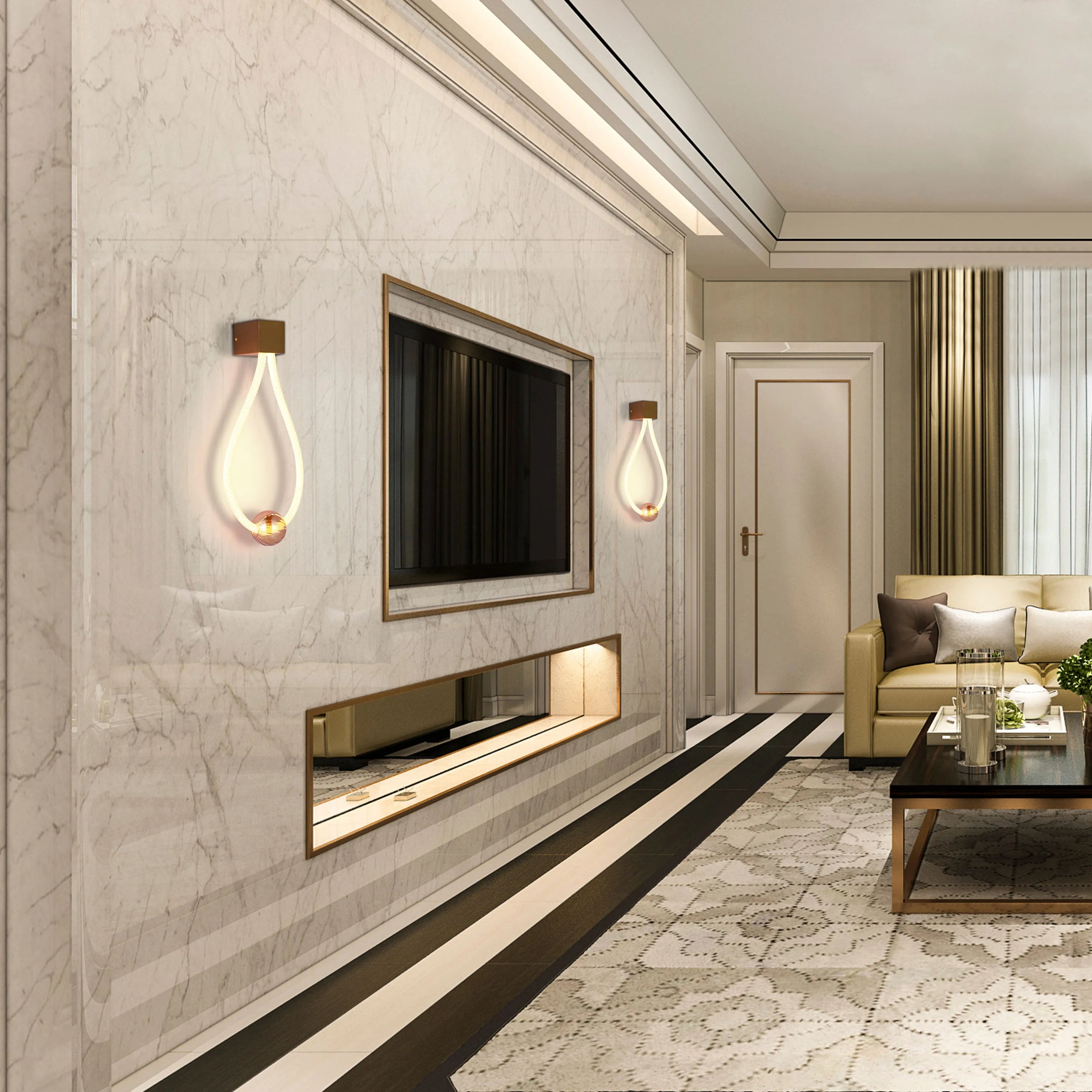 Modern wall sconces flank a sleek TV, offering ambient lighting with a unique teardrop design and warm, inviting glow.
