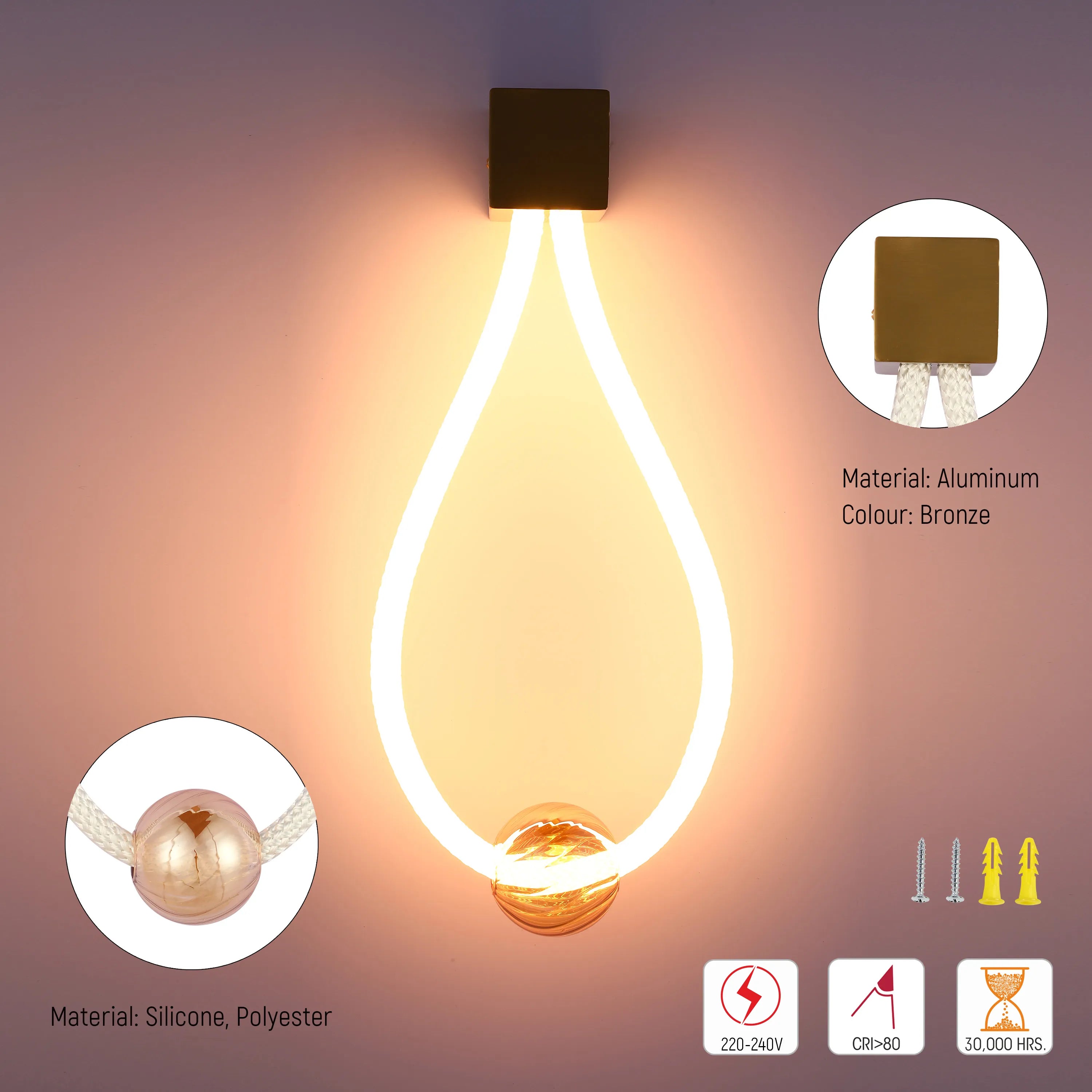 A modern bronze wall light with a teardrop-shaped LED. The fixture is made from aluminum and silicone with a polyester cord.