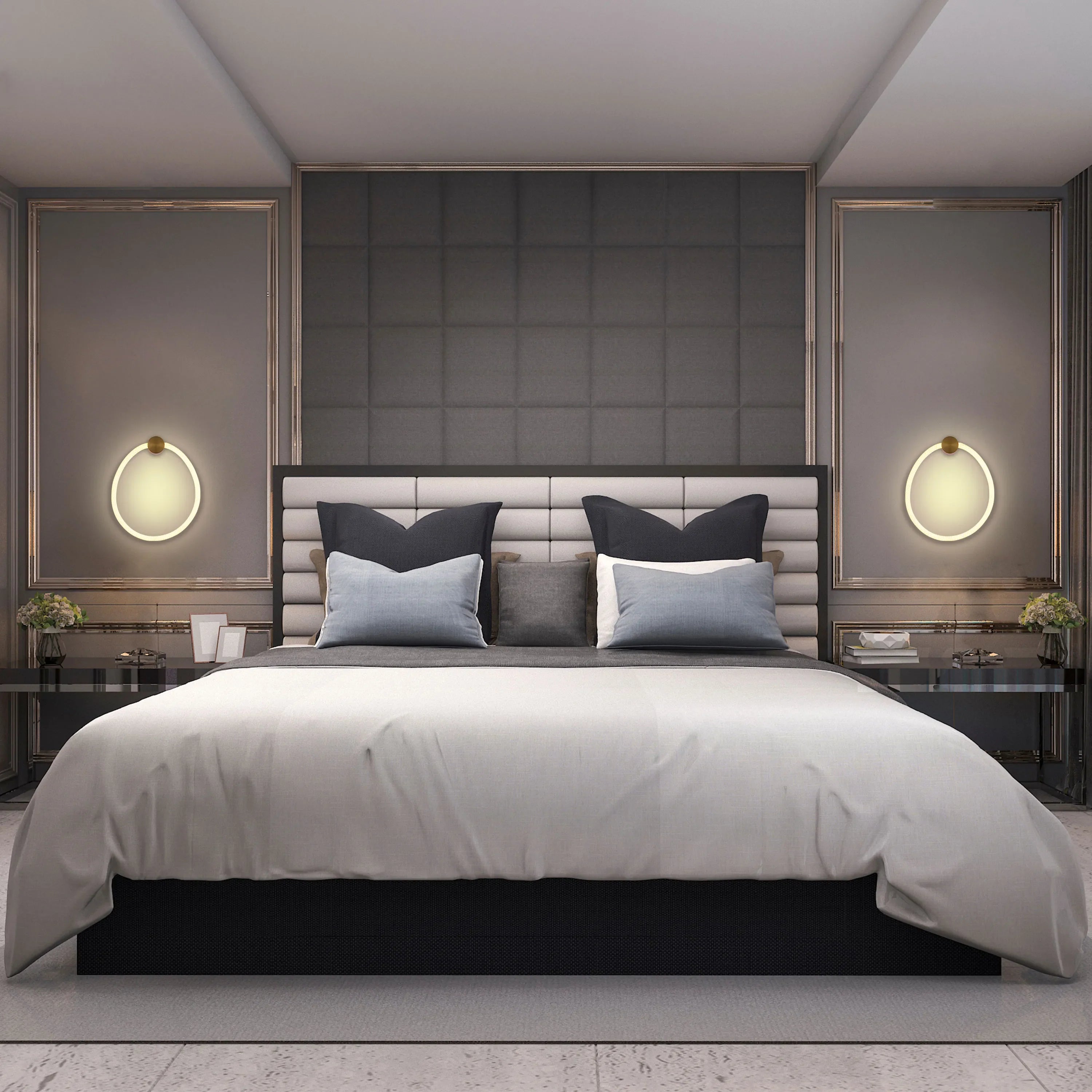 Symmetrical bedroom design featuring wall-mounted circular lights, bedside lamps, and a diffused light source from the ceiling.
