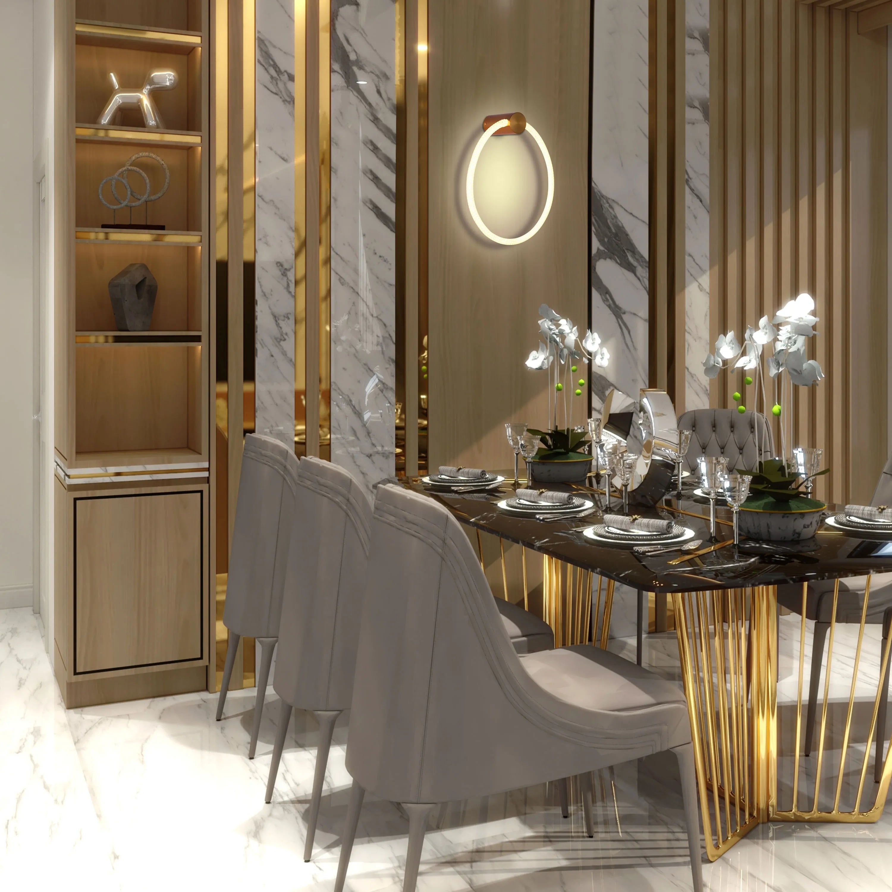 An illuminated ring light fixture, accent lighting in a display cabinet and recessed lights throughout the room.