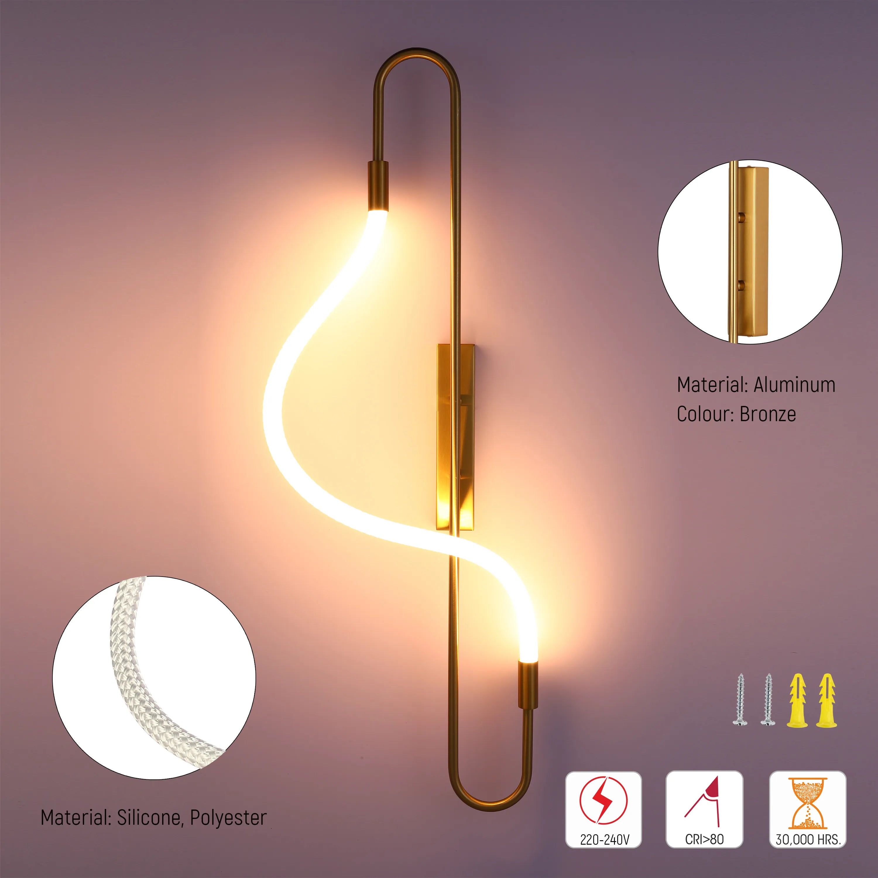 Stylish bronze wall light. A sleek, modern design illuminates with a soft glow. Aluminium, silicone and polyester construction.