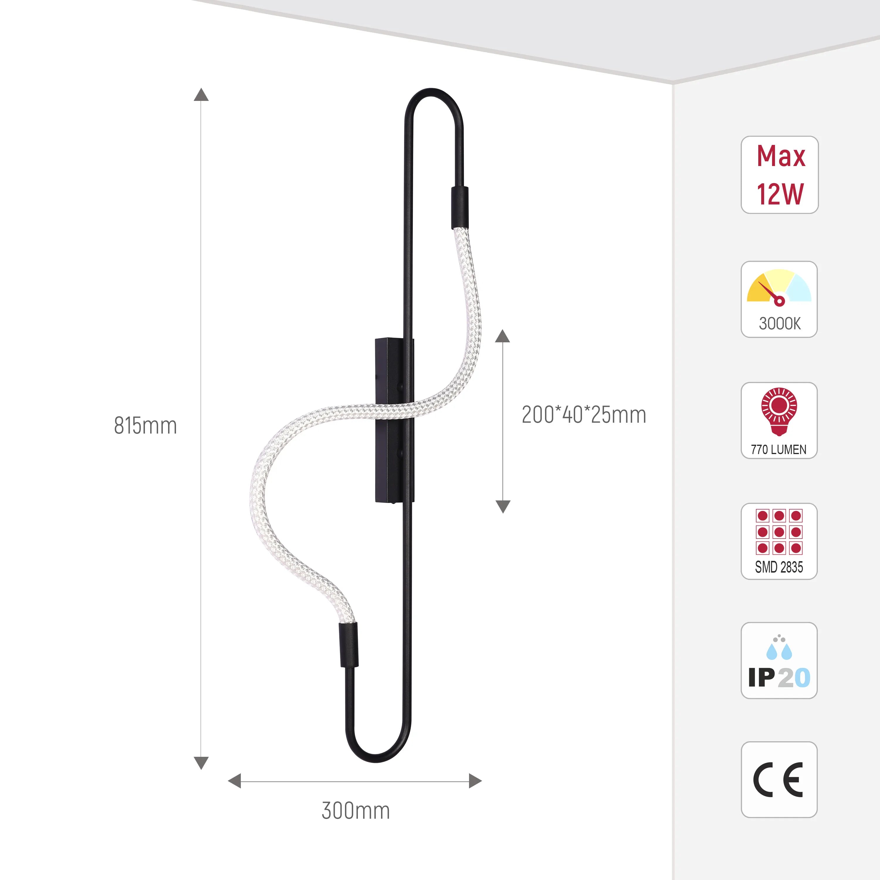 Modern wall light featuring a wavy design with a white cord and a black frame. Measurements and specifications are also visible.