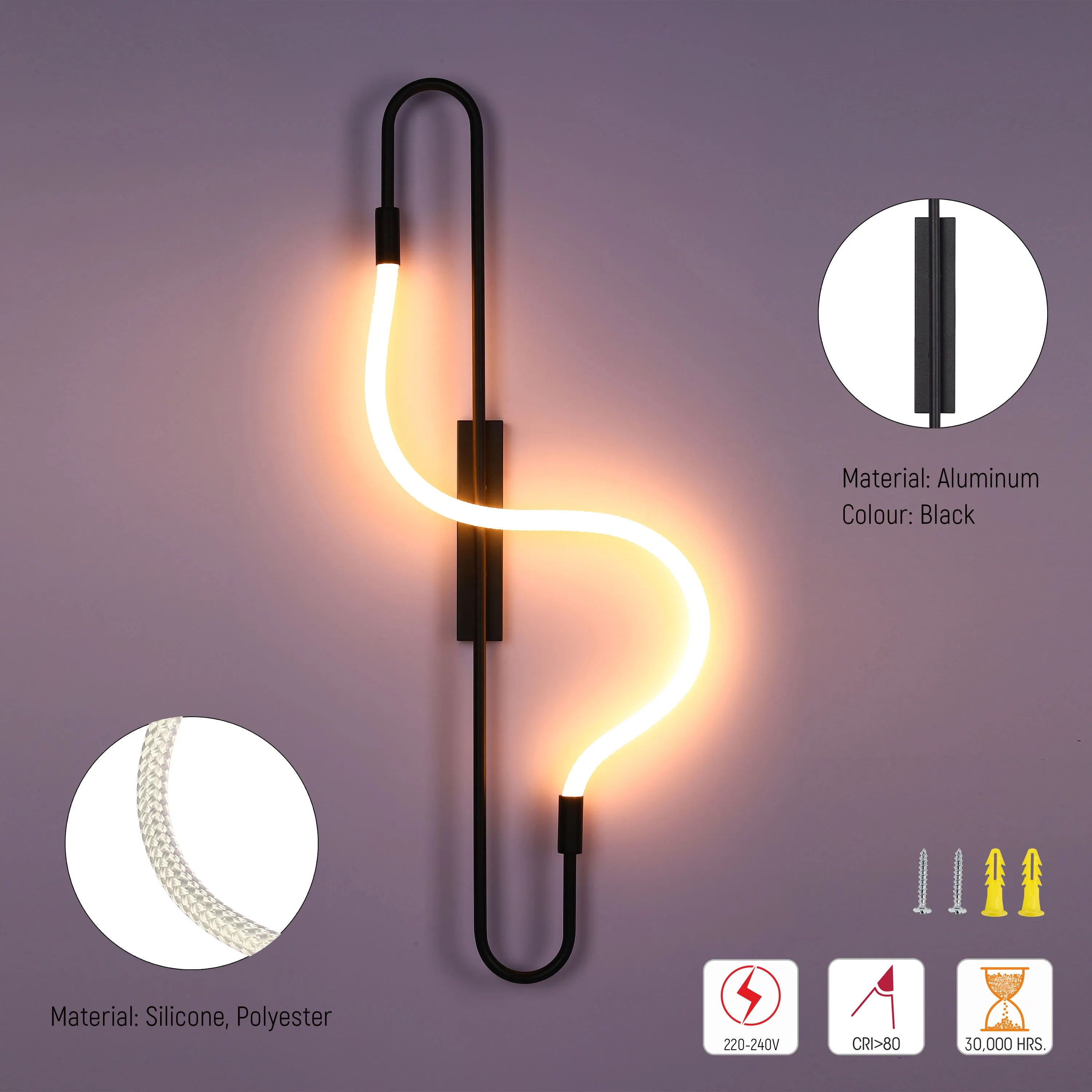 A black, vertical, U-shaped wall light with a glowing neon bulb twisted to create a modern, eye-catching design.