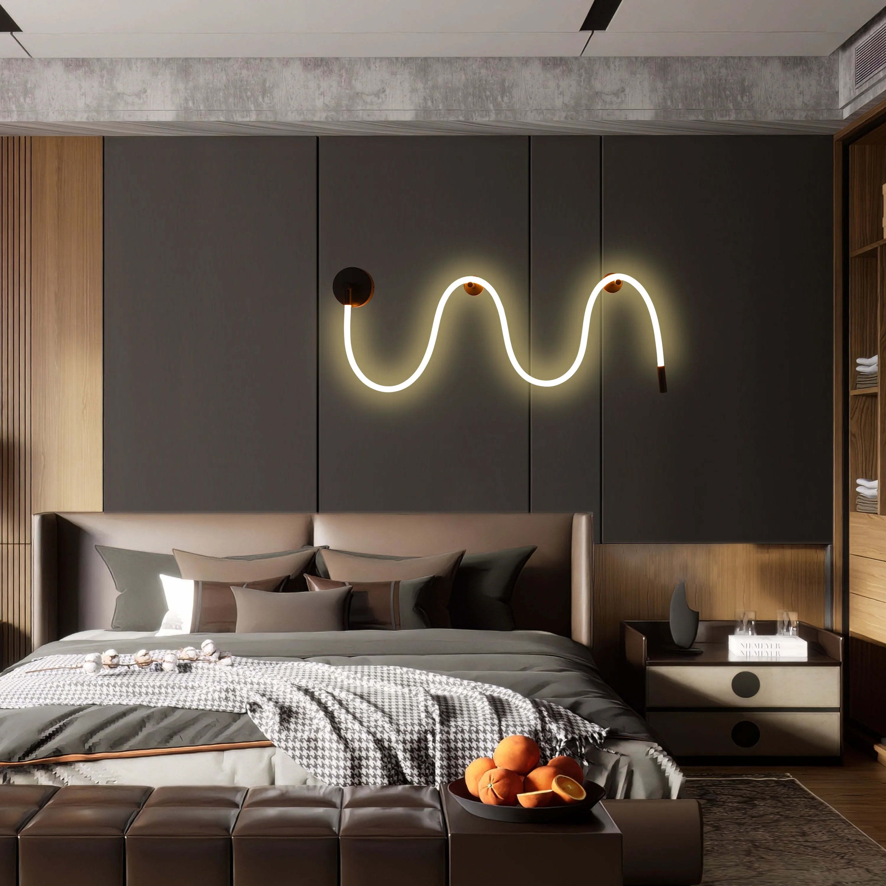 Bedroom with ambient lighting, a wavy neon lamp above the bed, and sconces on either side.