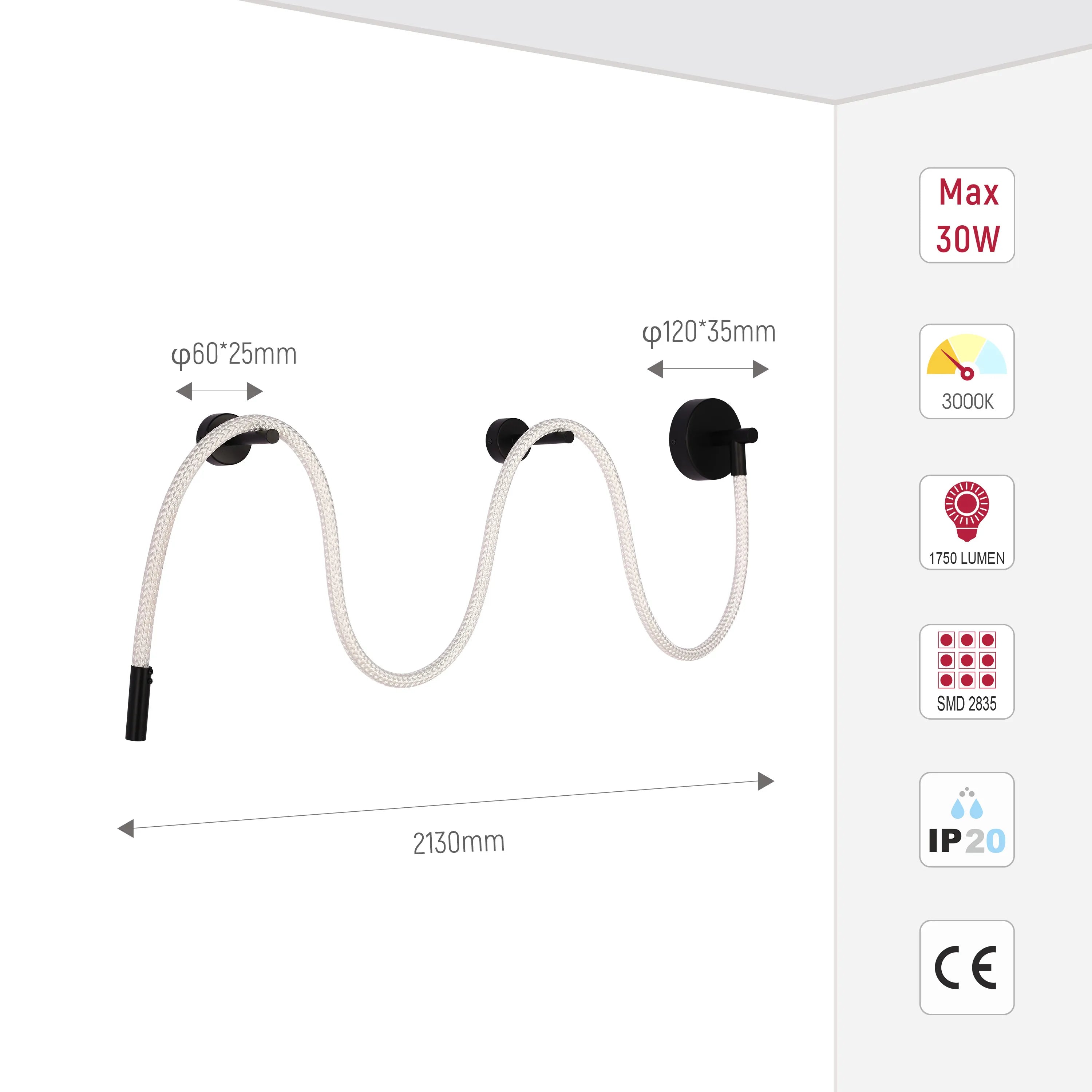 A contemporary wall light with a woven flex. Features include: 30W max, 3000K, 1750 lumen & IP20 rating.