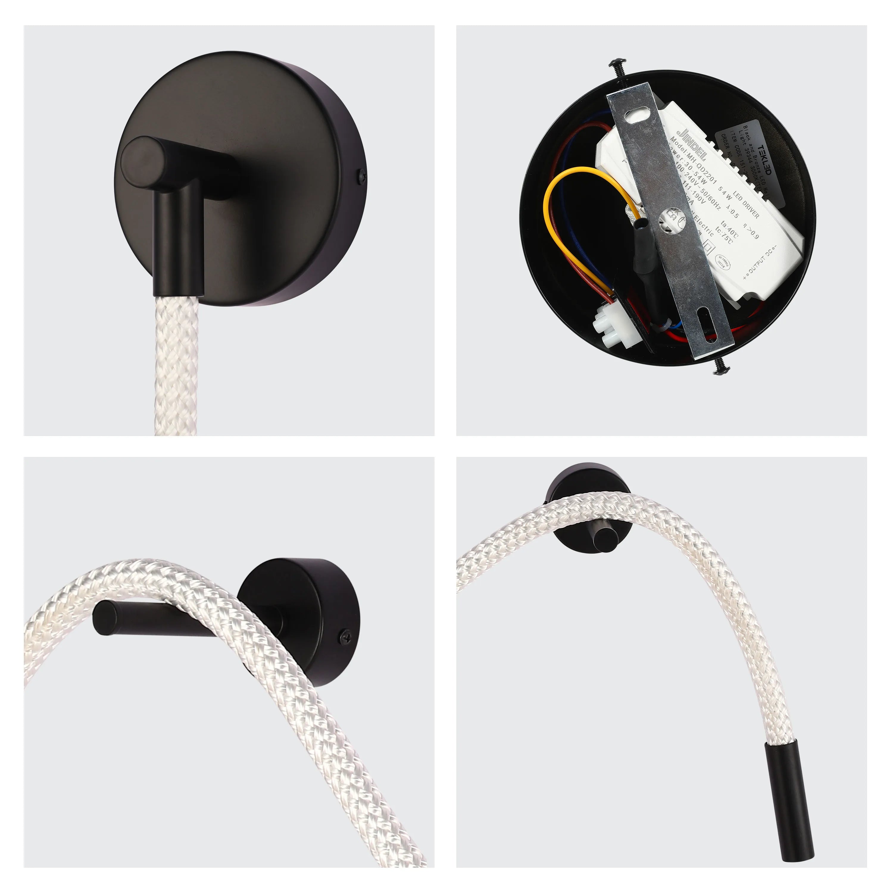 A stylish black and white LED wall light. The flex is white, with a black mount. The lighting is modern and sleek.