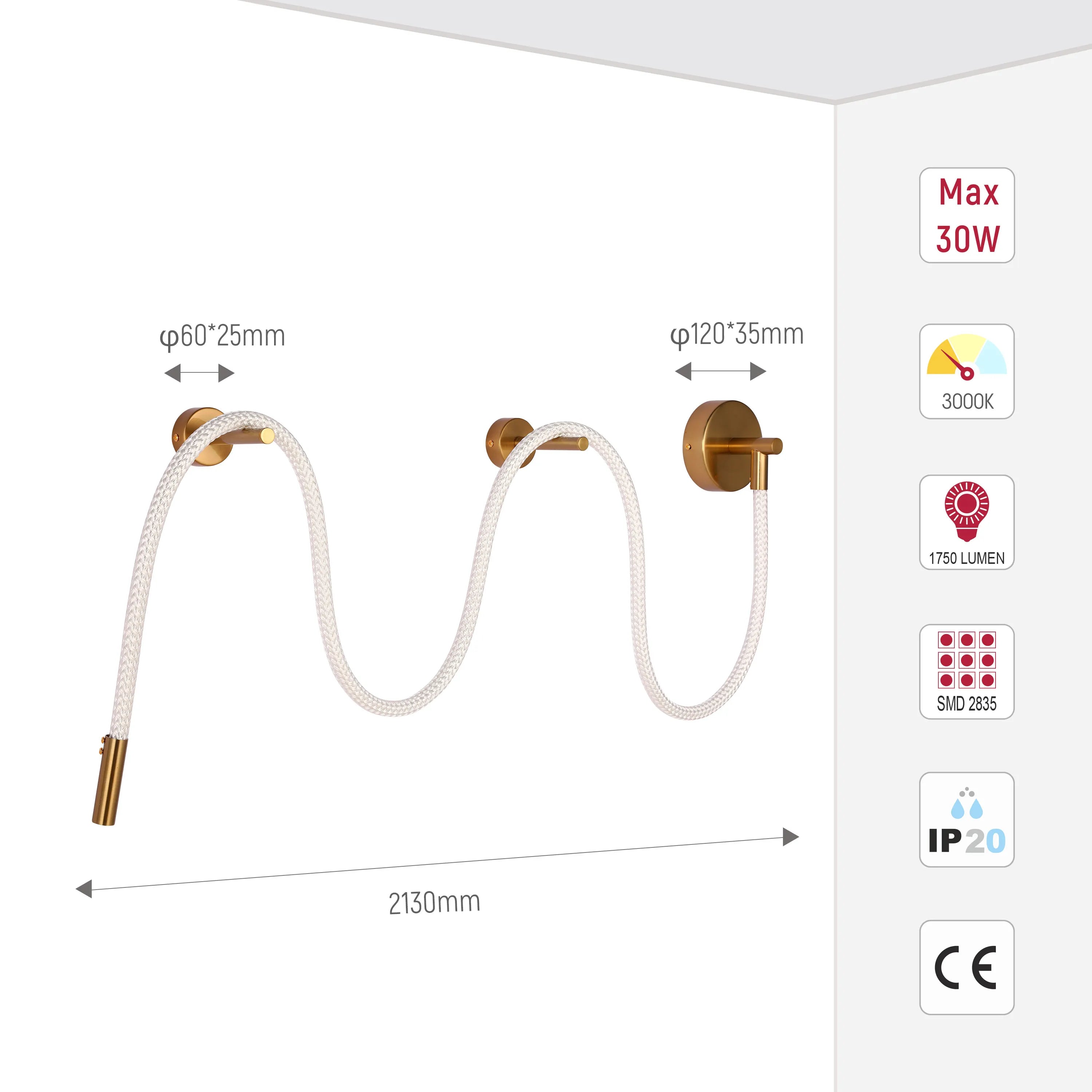 Contemporary white rope light fitting with a gold wall fixture. Includes details such as dimensions, wattage and lumen information.