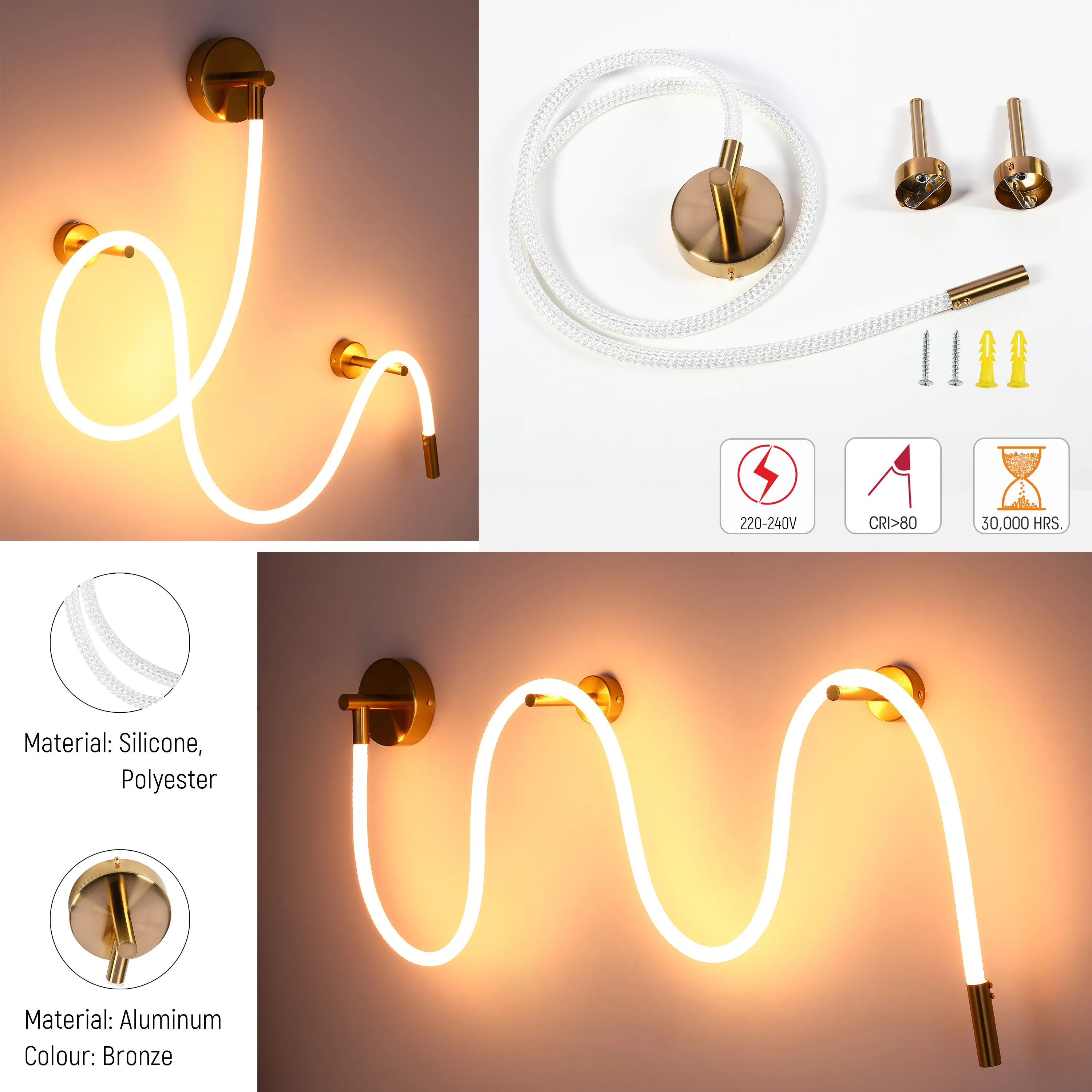 A bronze, silicone and polyester light with a neon-style bulb, wall-mounted with a warm glow.