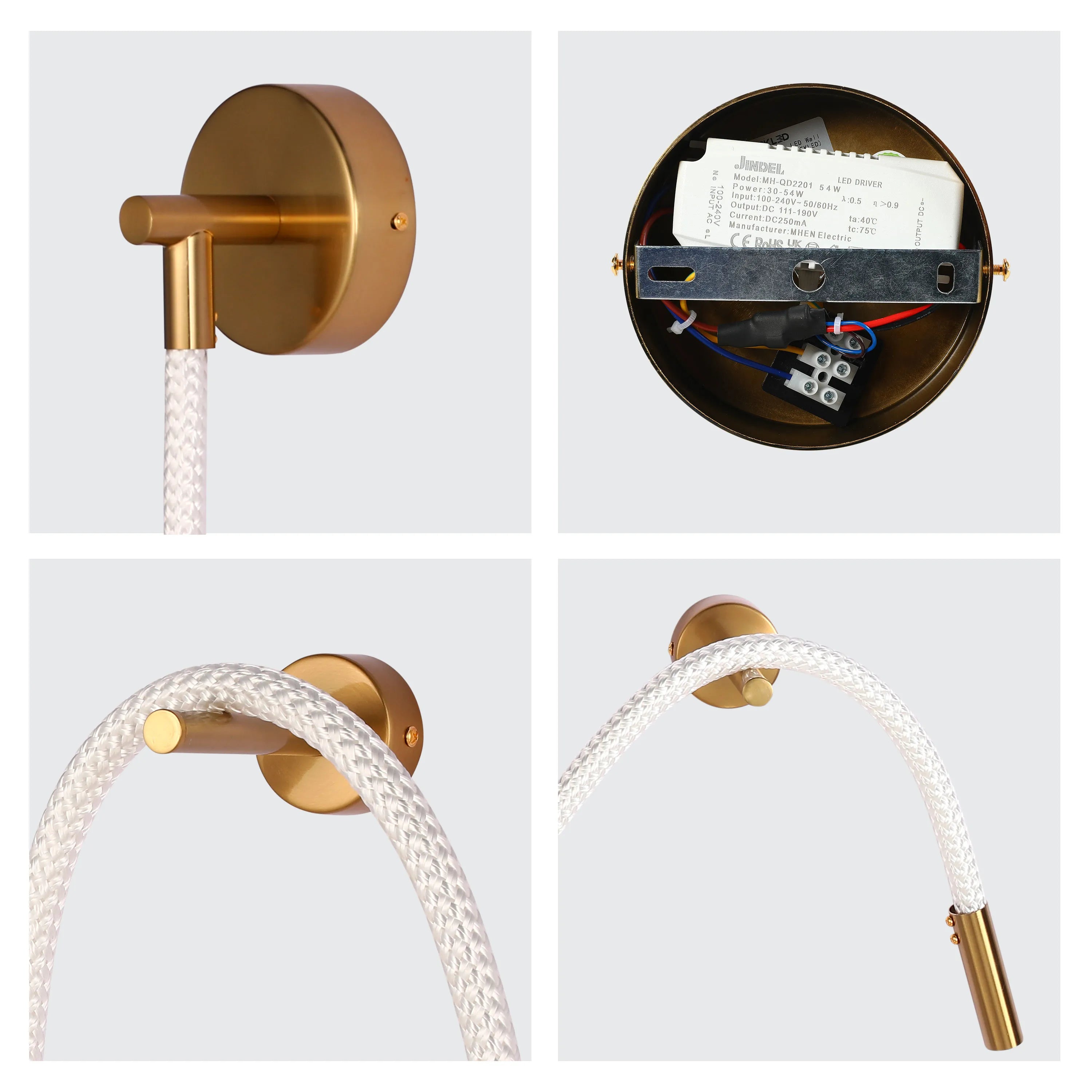 A gold, modern wall sconce with a white, braided cord. The lighting features a sleek and minimalist design.