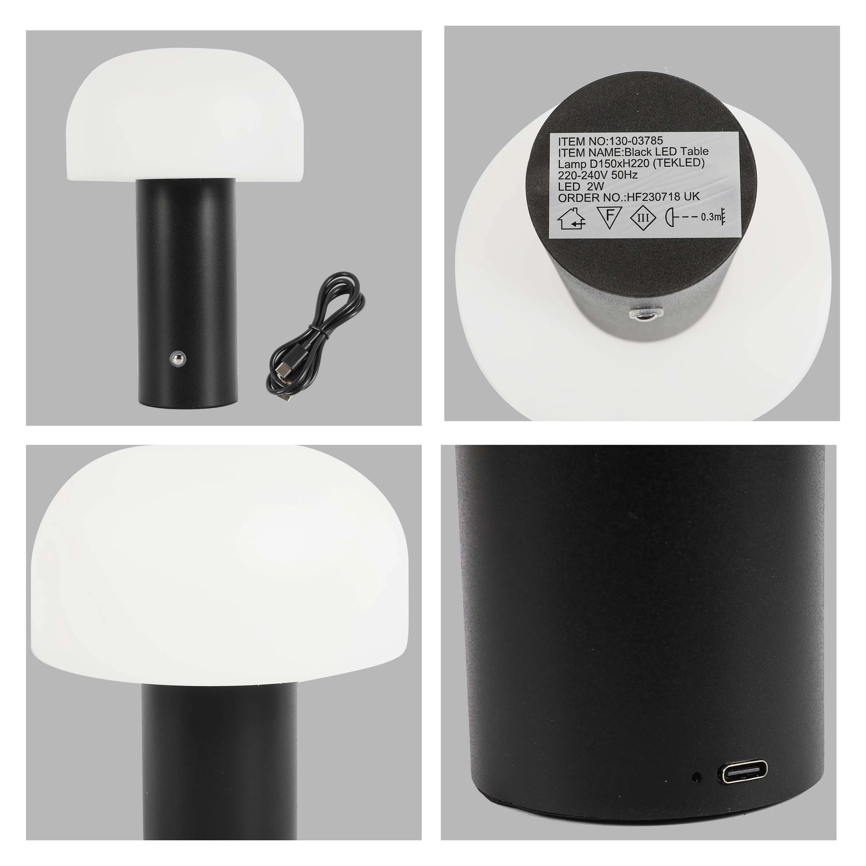 A modern mushroom lamp with a white dome shade and a black cylindrical base, USB charging cable visible.