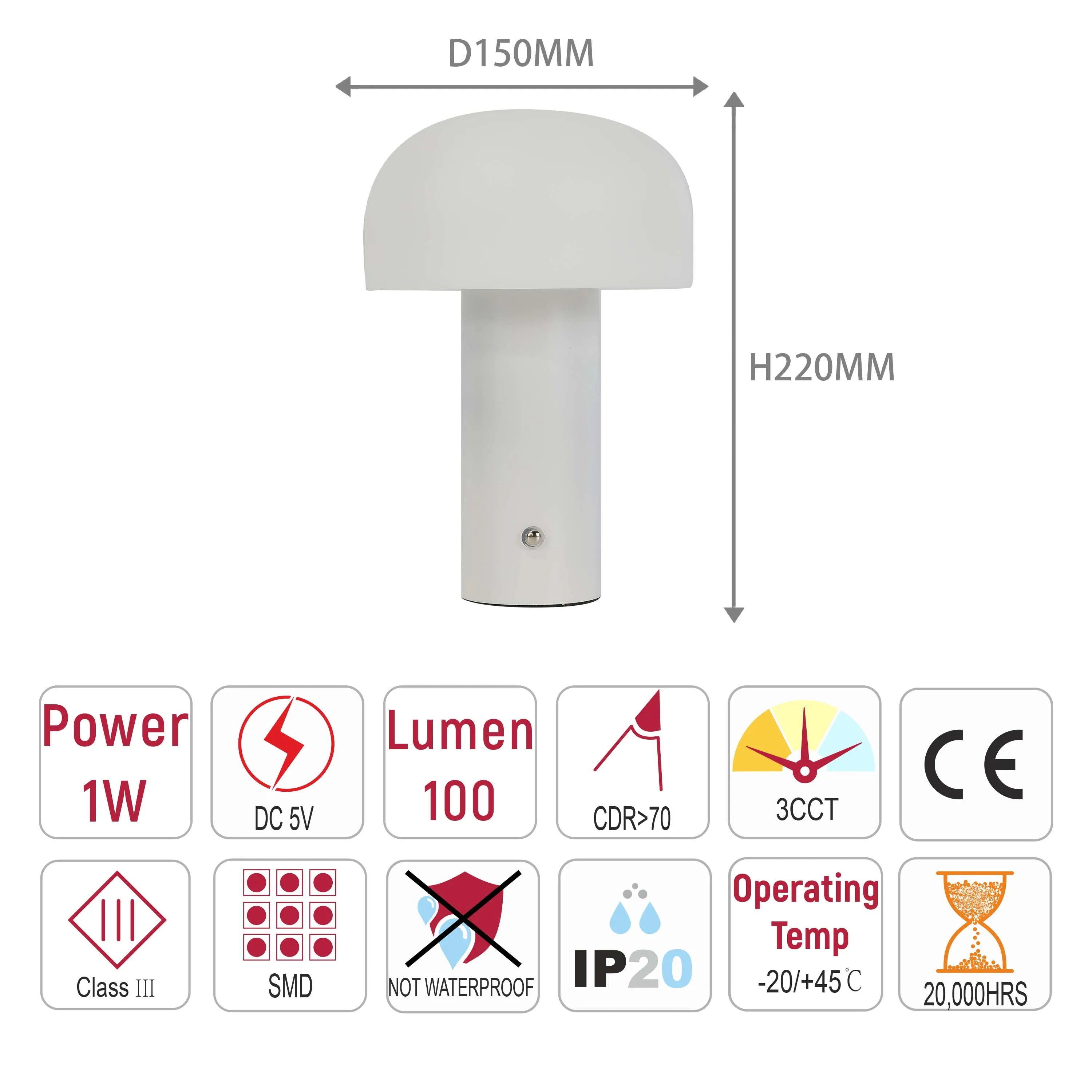 A white mushroom-shaped lamp with a 1W power rating, 100 lumen output and a colour rendering index of >70. It is 220mm high and 150mm wide.