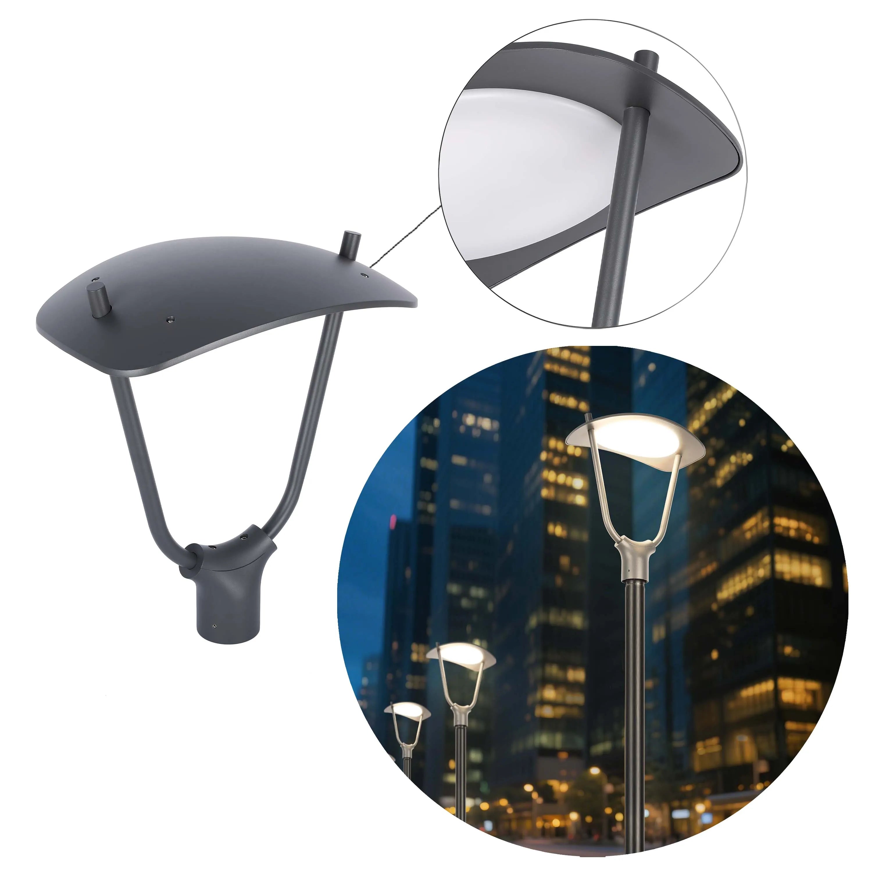 Modern outdoor lighting: sleek street lamps with an inviting glow in a city setting.