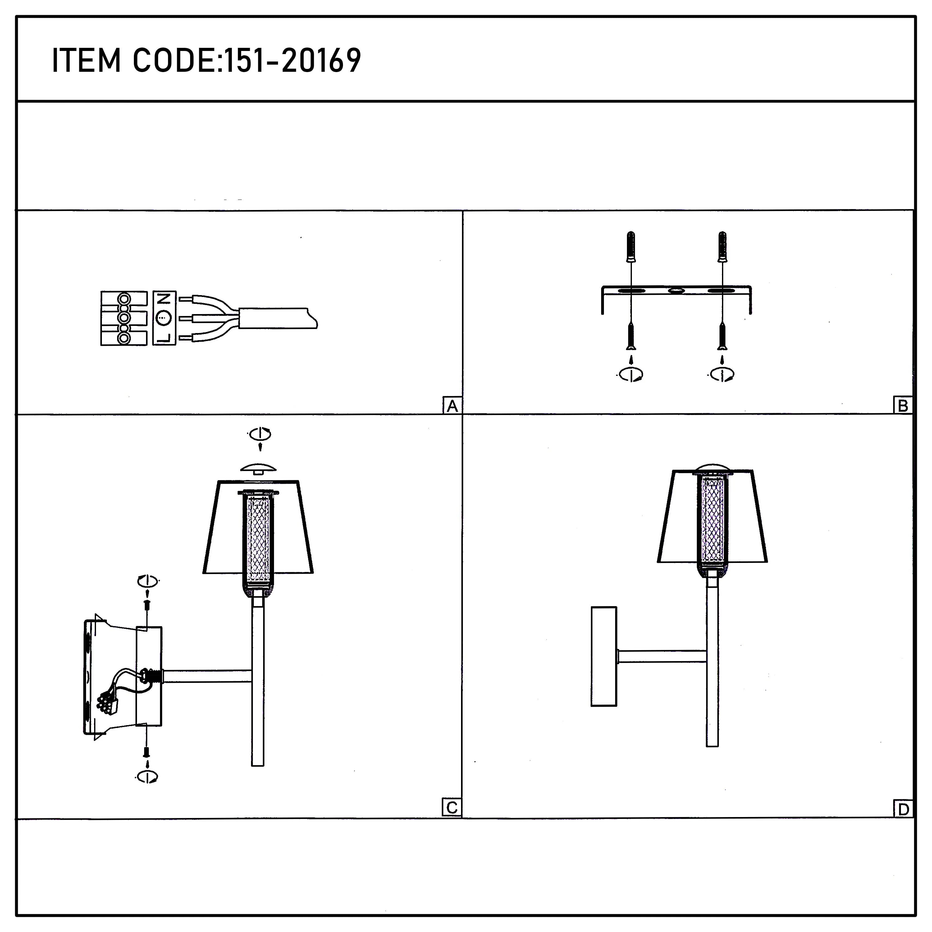 Assembly instructions for a wall sconce. Shows wiring, fixture mount and final product.