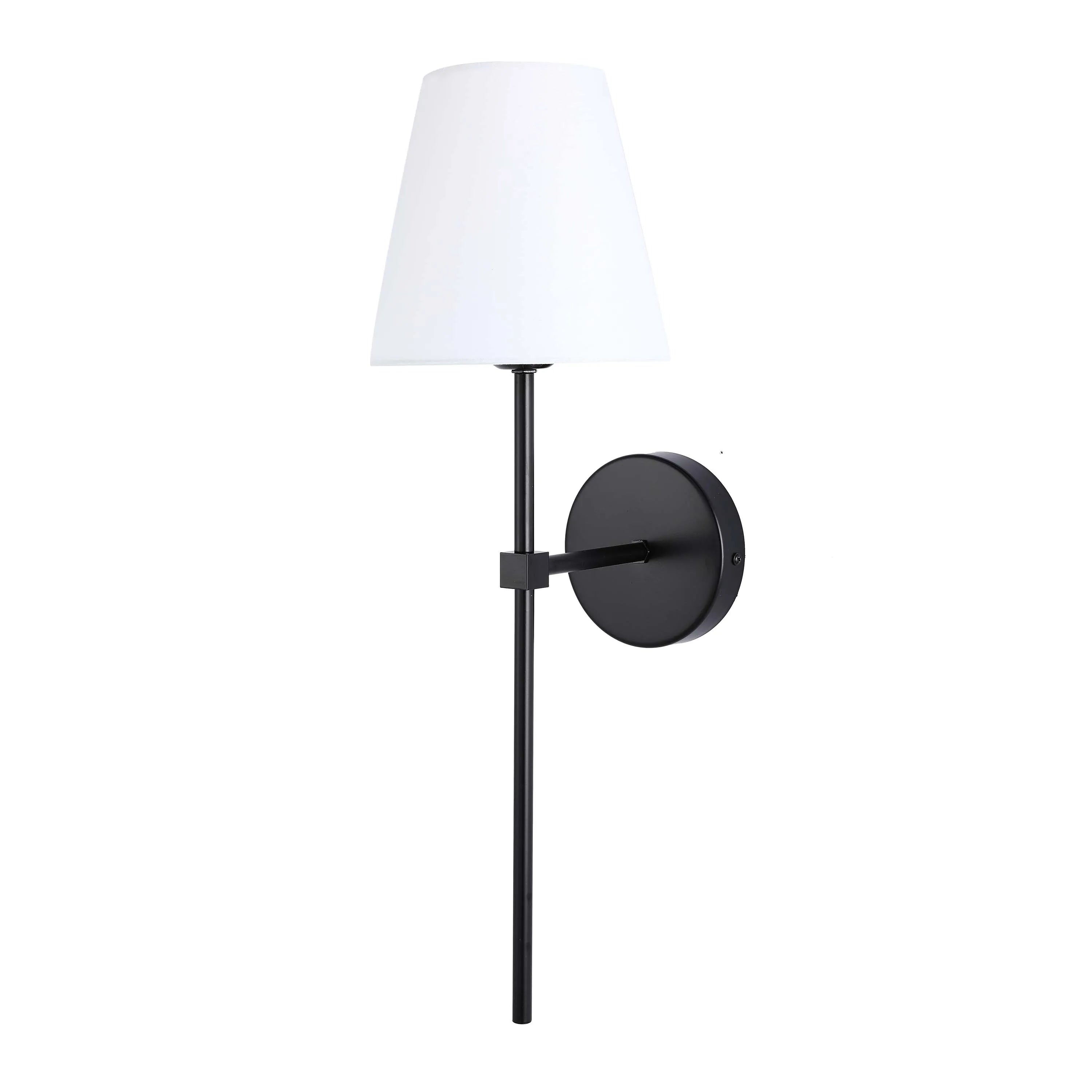 A stylish matt black wall light with a white lampshade. An understated way to illuminate any room.