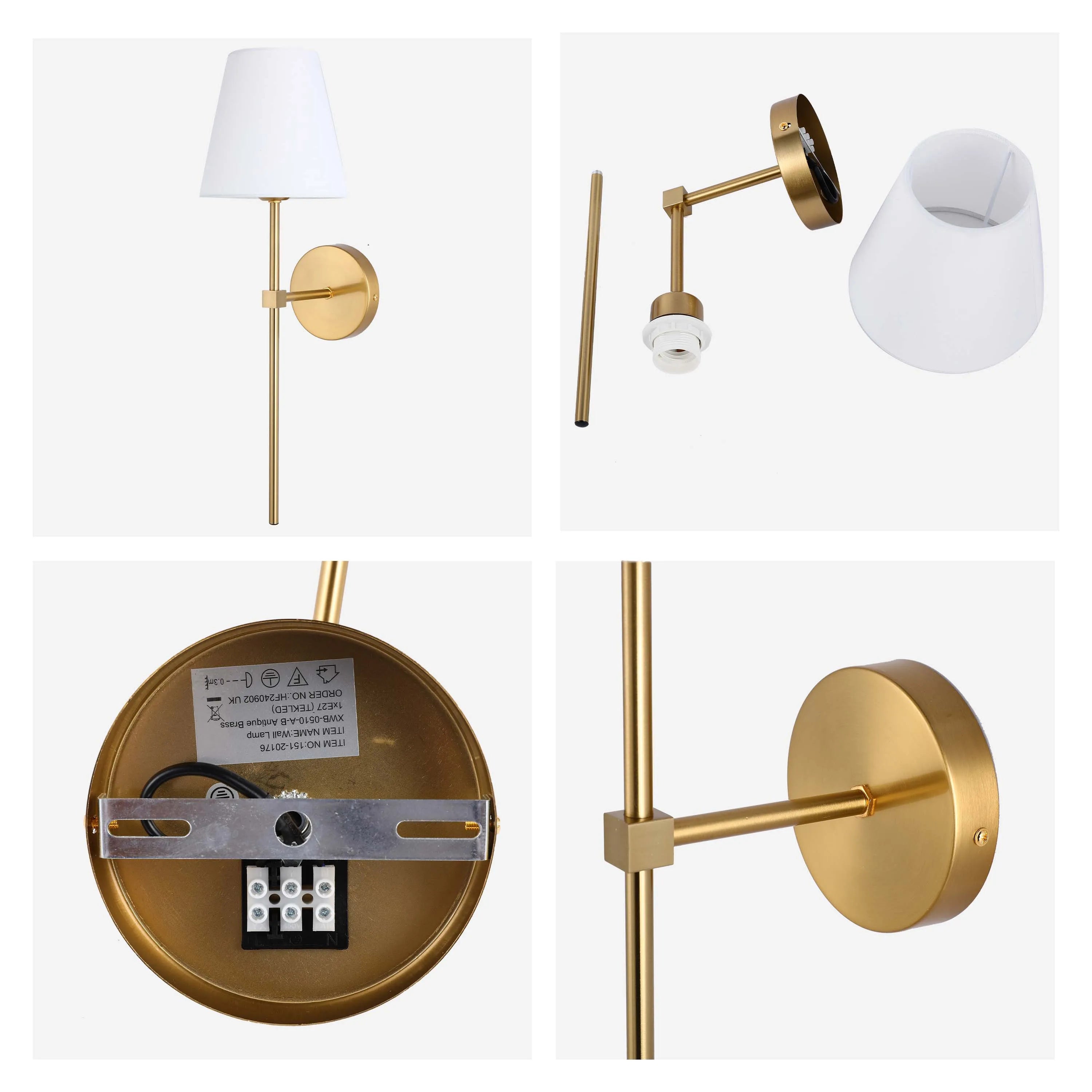 Gold wall light with a white shade. Modern design for a touch of elegance in any room.
