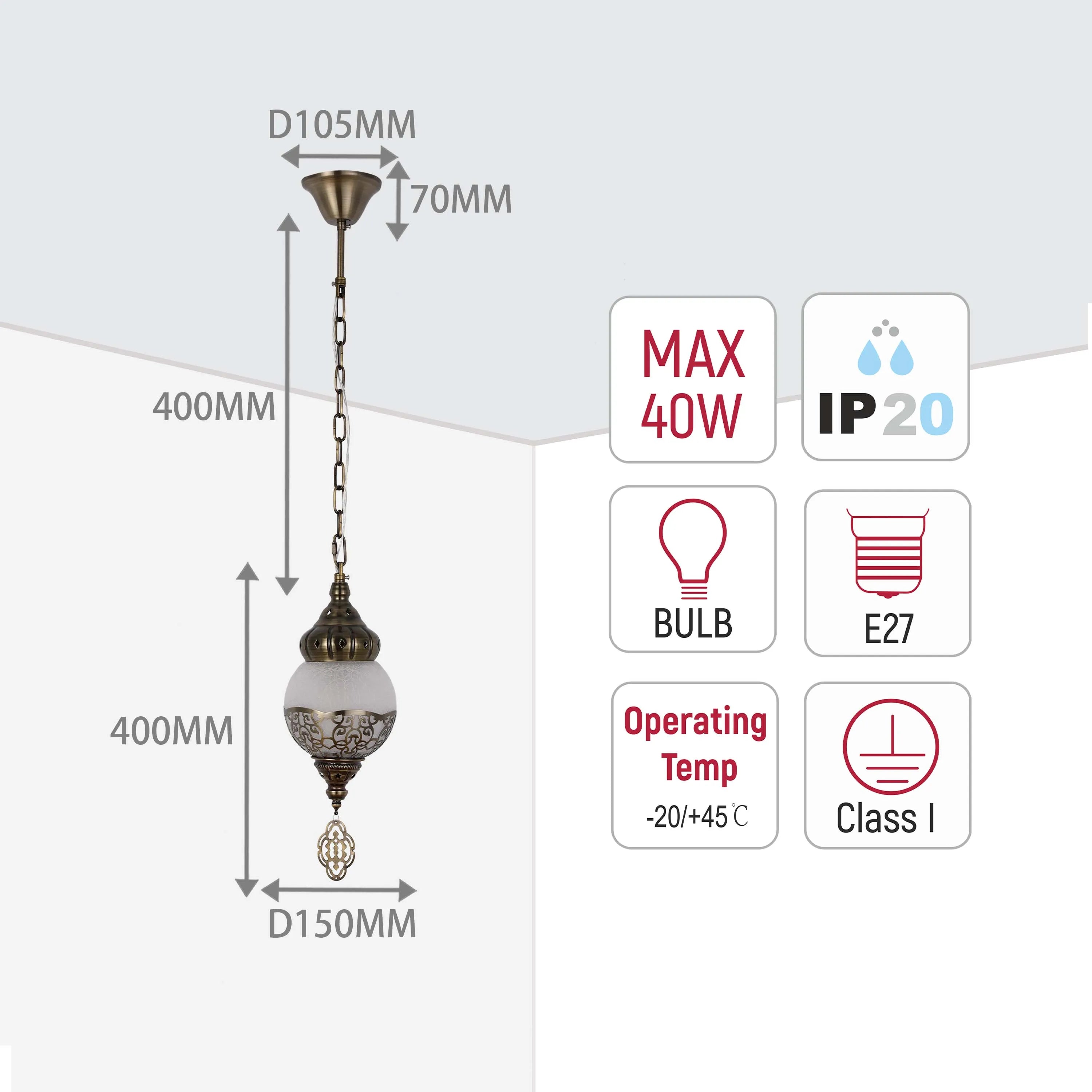 An ornate, decorative pendant light fitting with bronze-coloured chain and shade. Dimensions and technical details are included.