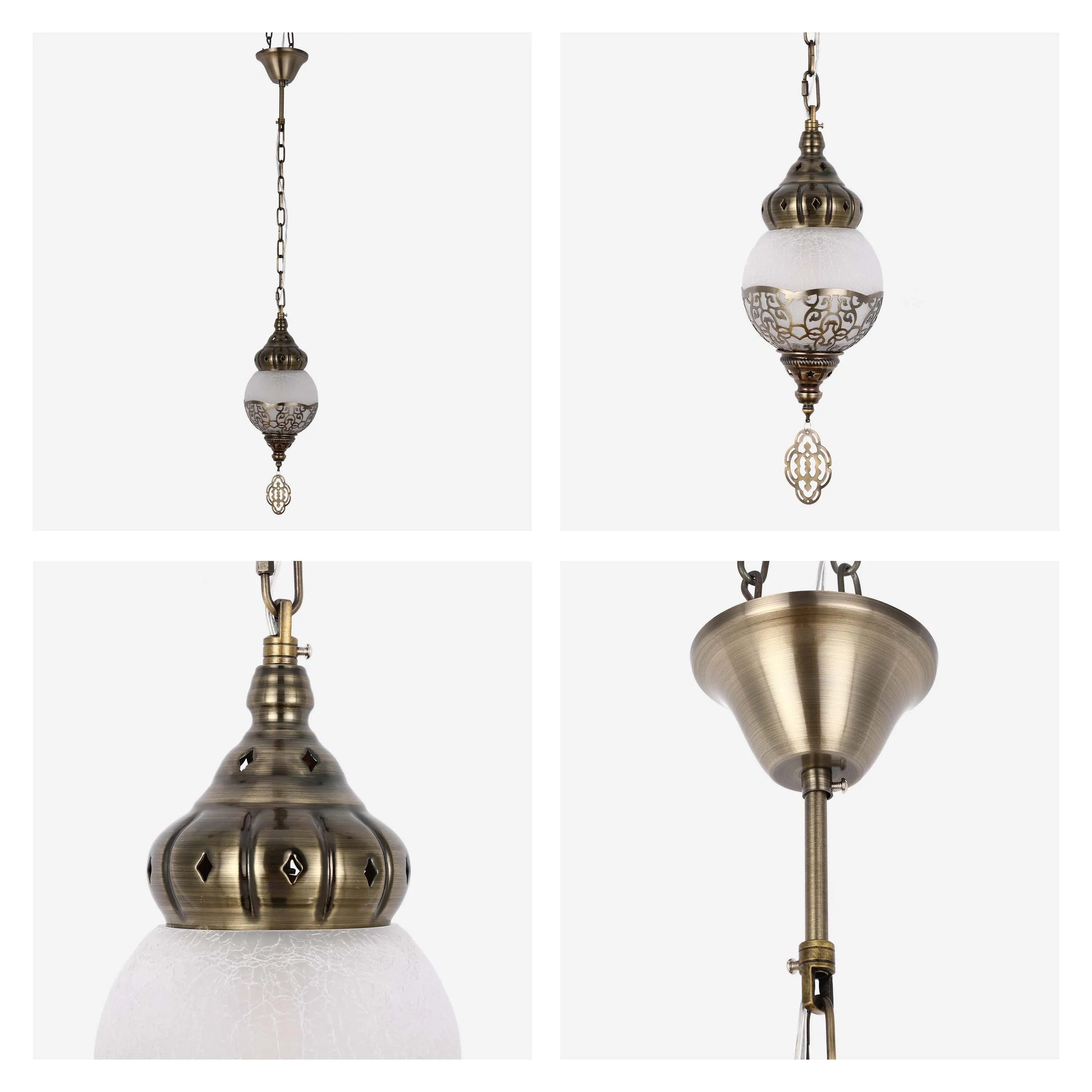 Antique brass pendant light with textured glass and ornate detailing, hanging by a chain or rod. Timeless style for any room.