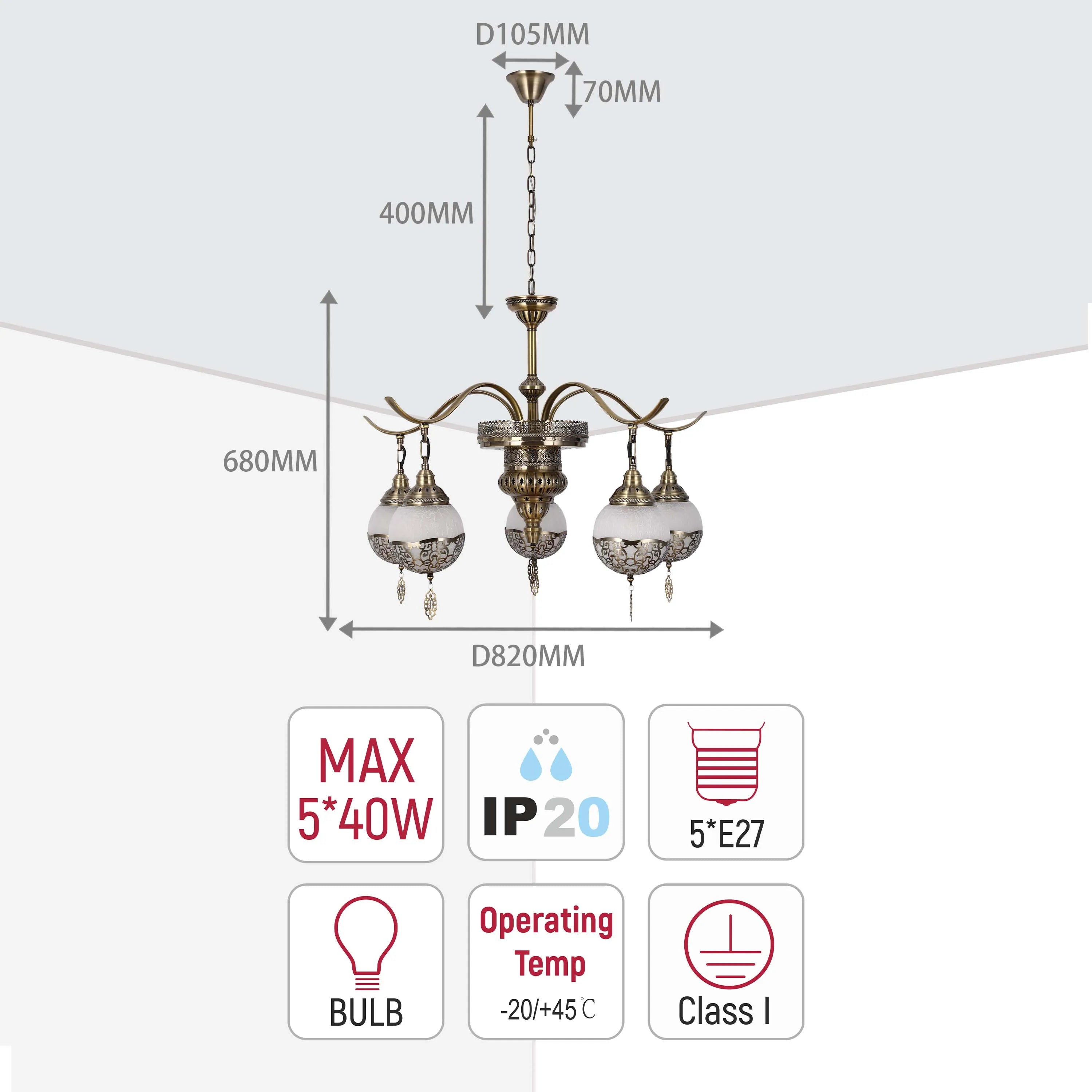 A decorative, multi-bulb chandelier with dimensions listed. It's bronze-toned with ornate shades and fittings.