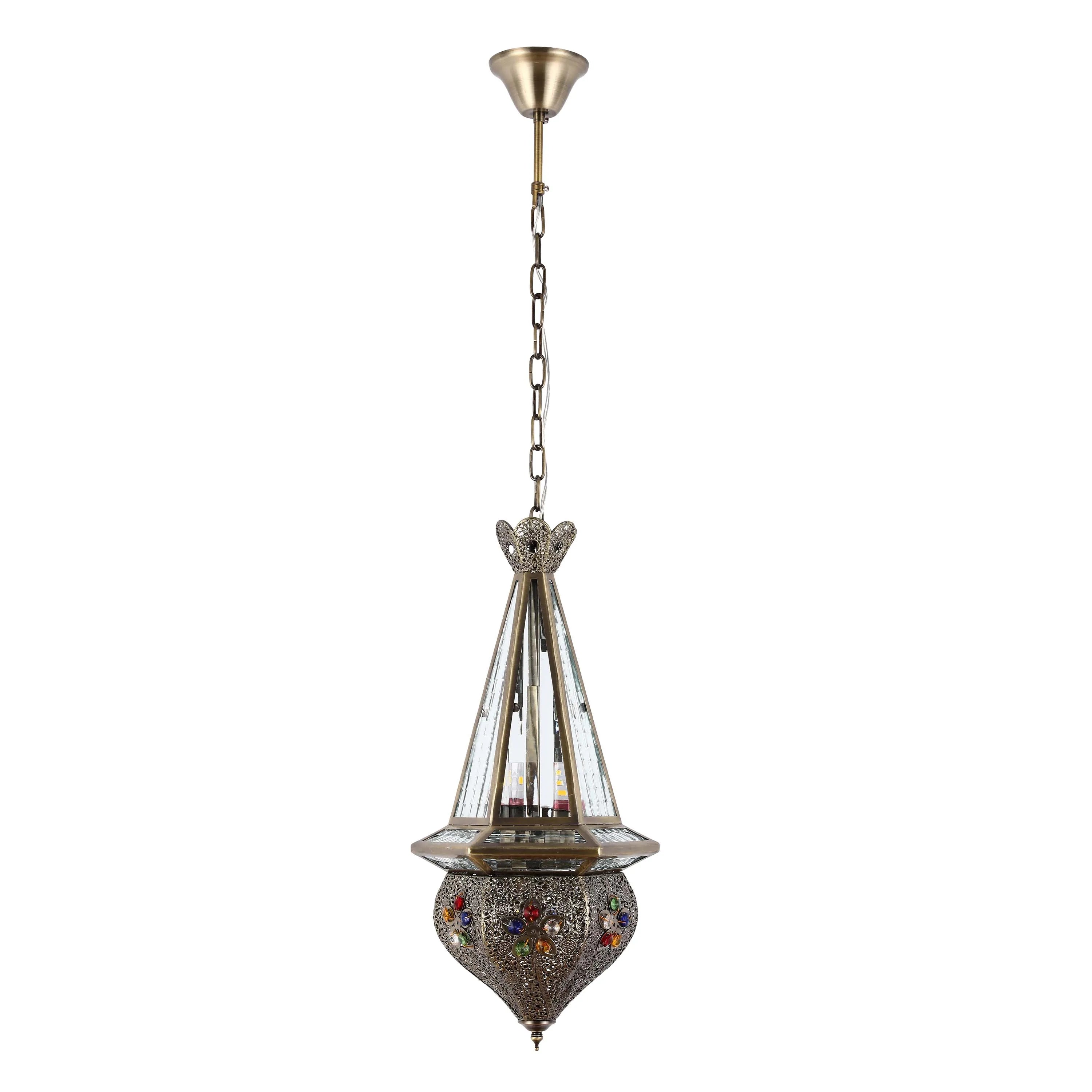 Hanging Moroccan-style light fixture with glass panels and intricate metalwork adorned with colourful gems.