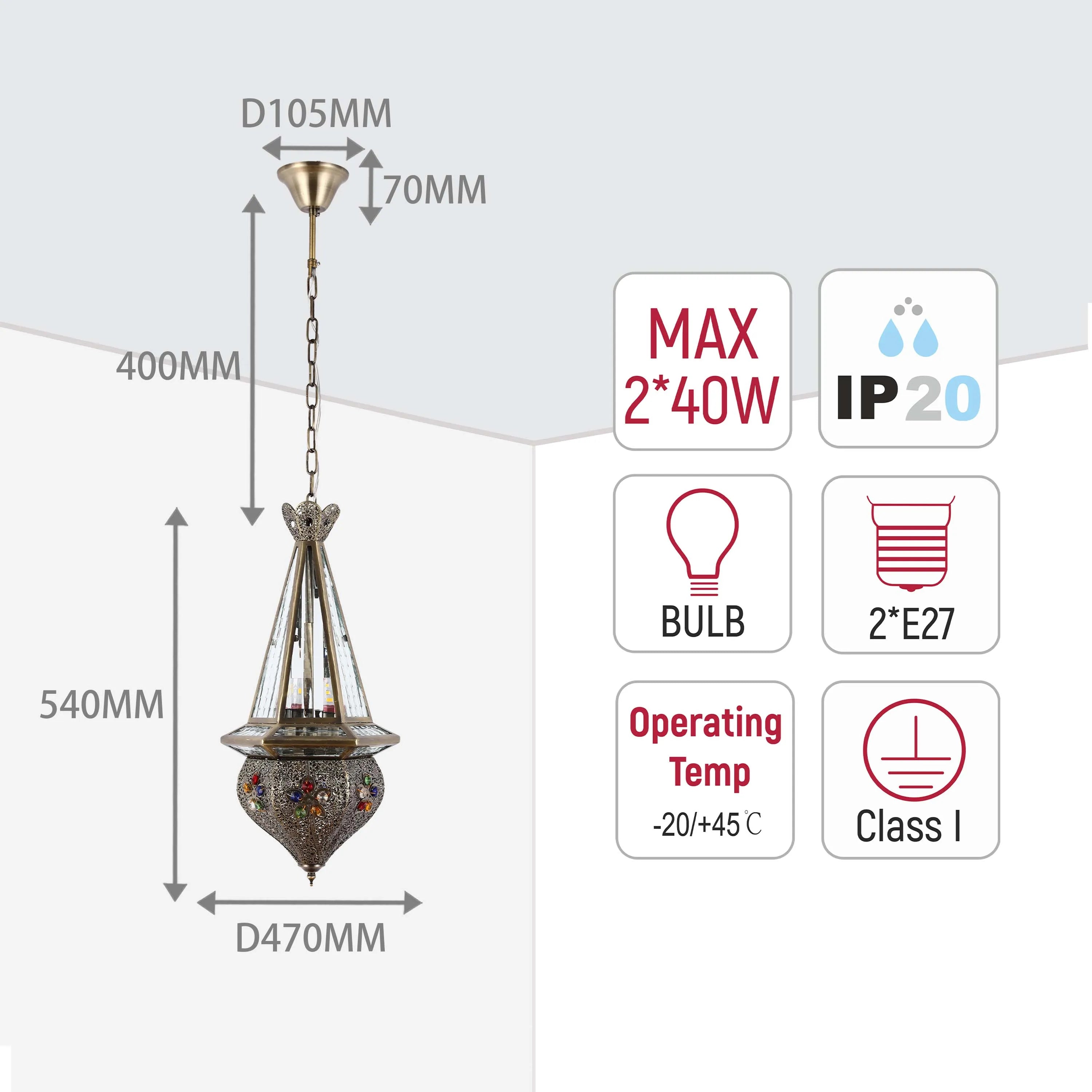 Hanging light with gold detail, dimensions displayed, max 2*40W, IP20, bulb, 2*E27, operating temp -20/+45 °C, Class I