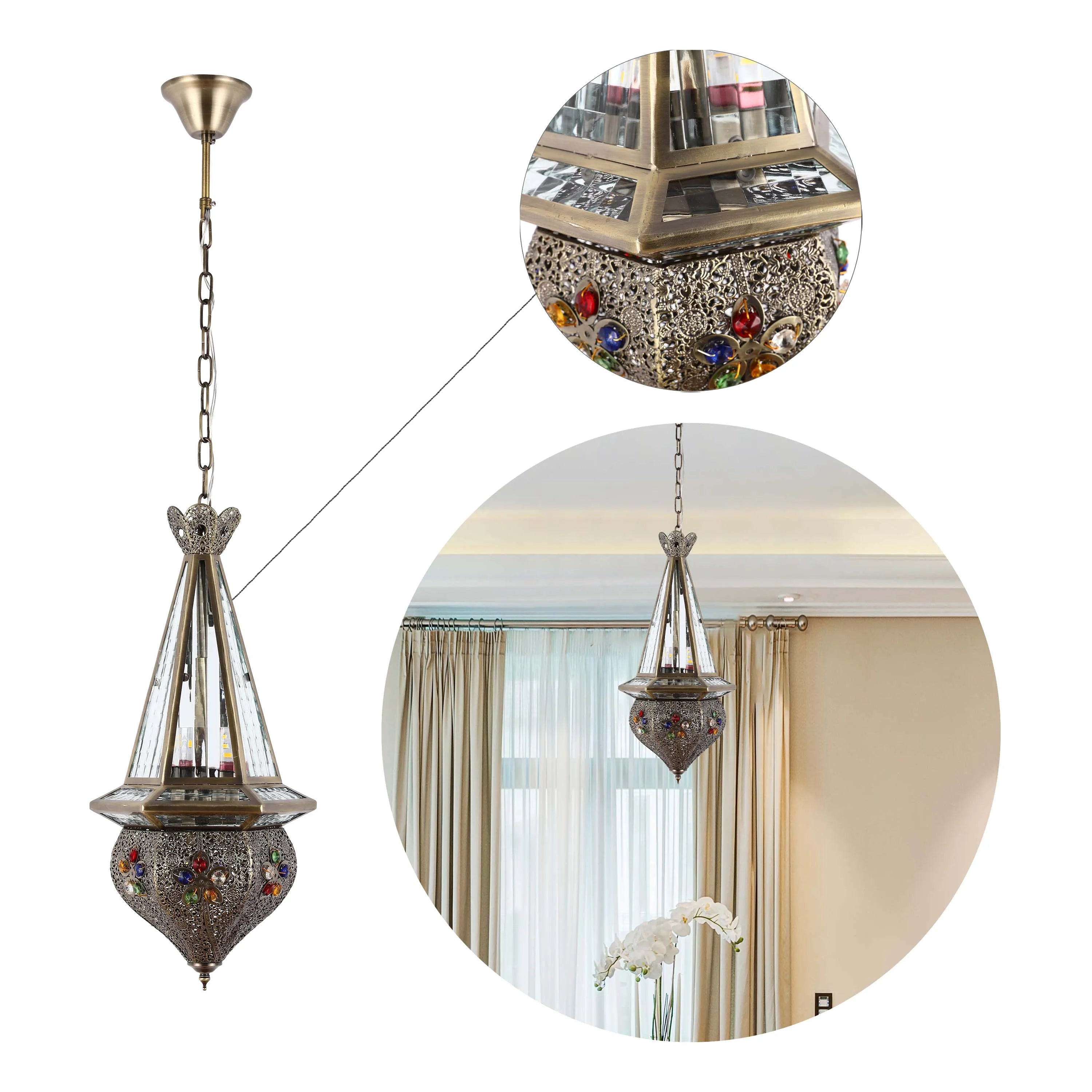 Ornate Moroccan-style pendant light with stained glass and jewel embellishments, creating a warm and inviting glow.