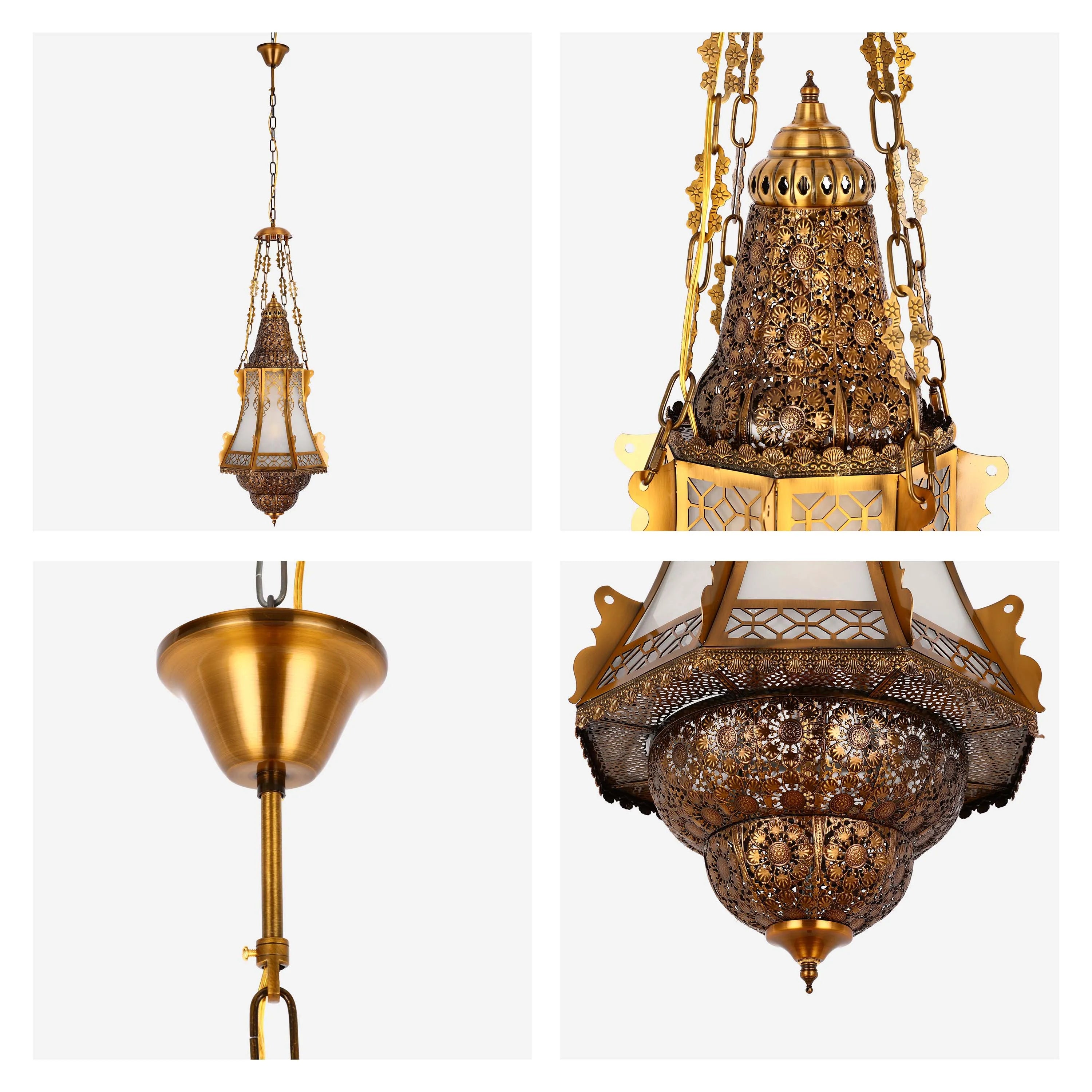 An ornate, gold coloured hanging light fixture with intricate detailing, and a chain suspension.