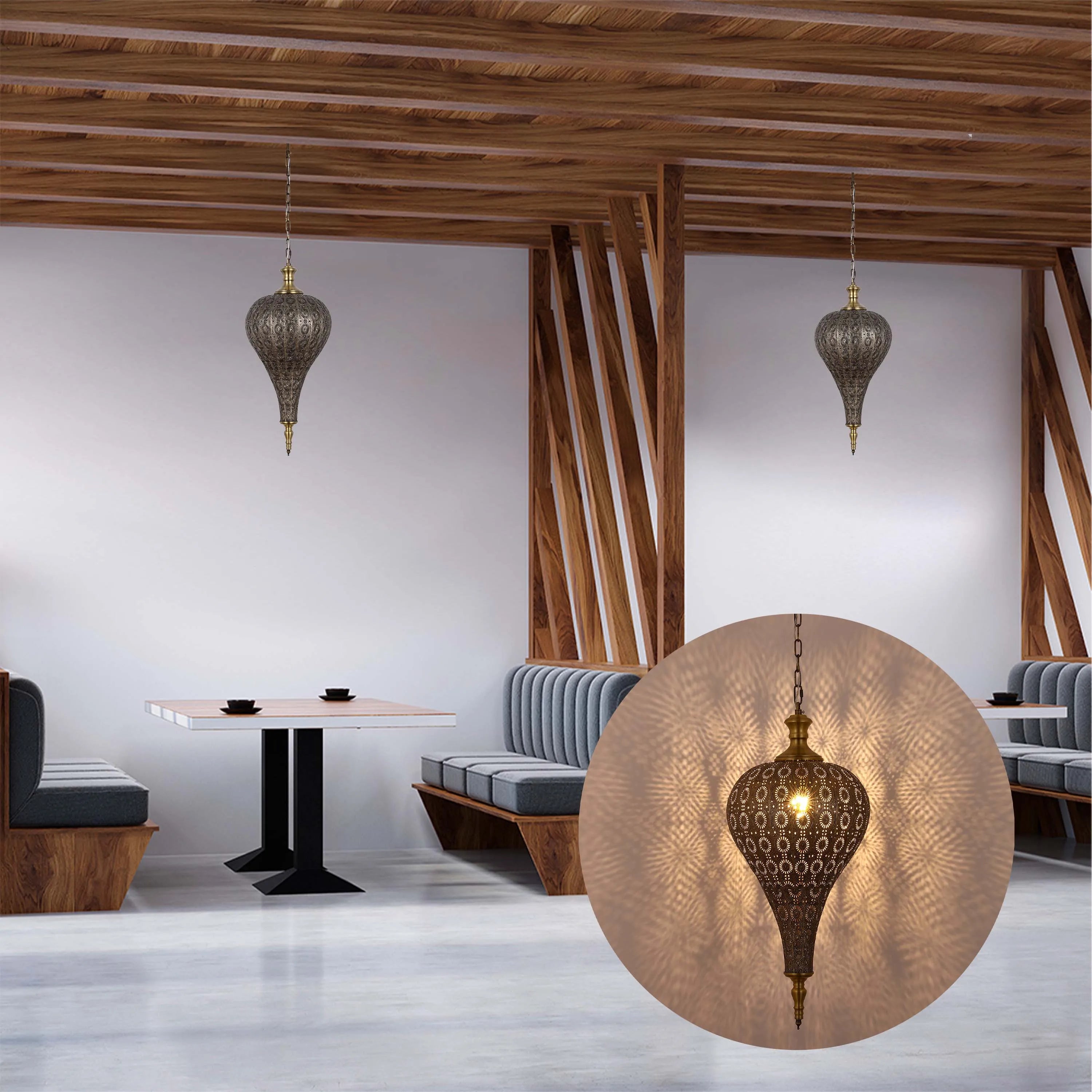 Hanging Moroccan-style pendant light fixtures casting intricate shadow patterns in a modern dining space.