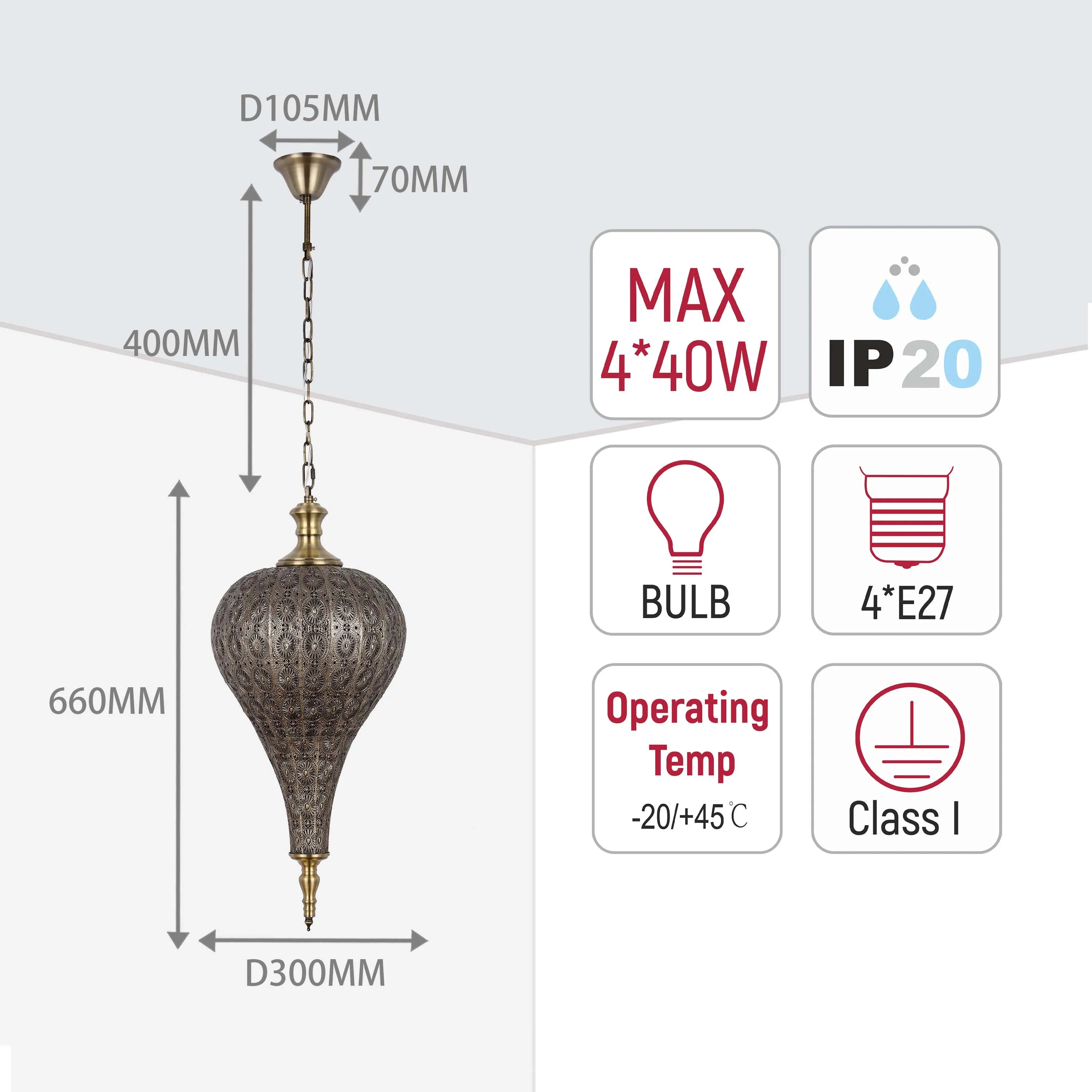 Decorative hanging light fixture, with detailed dimensions and specification icons.