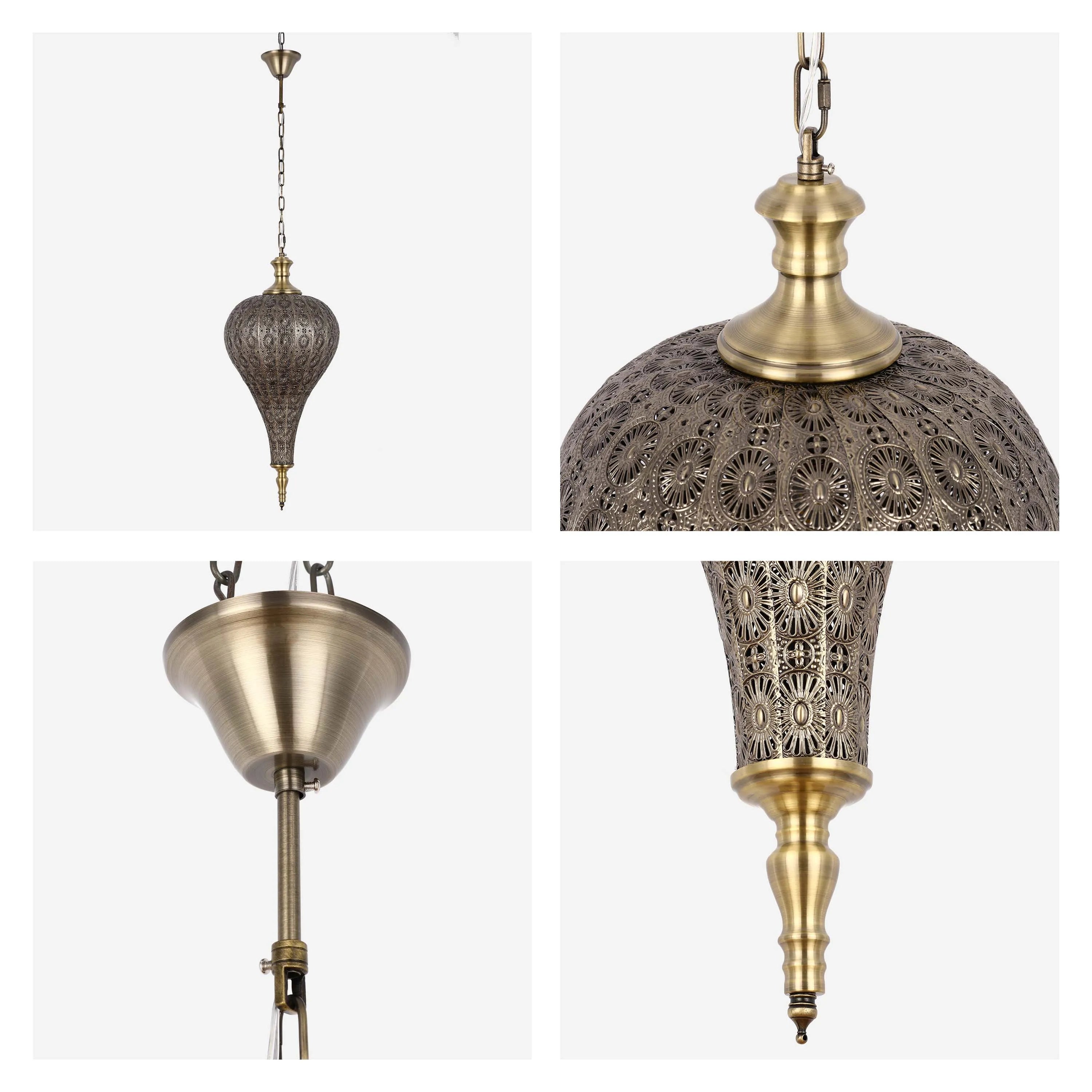A decorative bronze metal pendant light fixture with intricate cut out patterns, hanging from a chain.