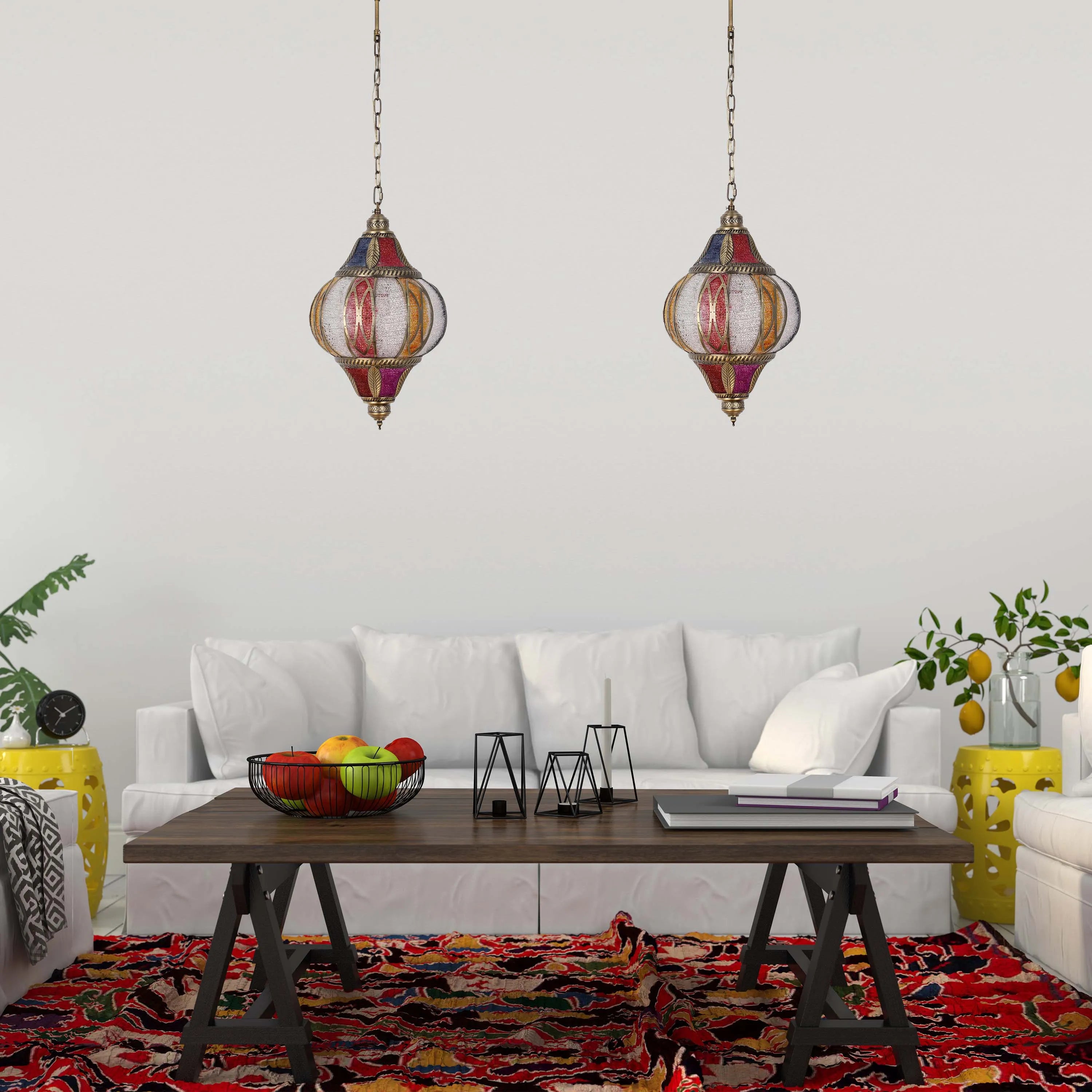 Moroccan-style hanging pendants provide warm ambient lighting in this bright, airy living room setting.