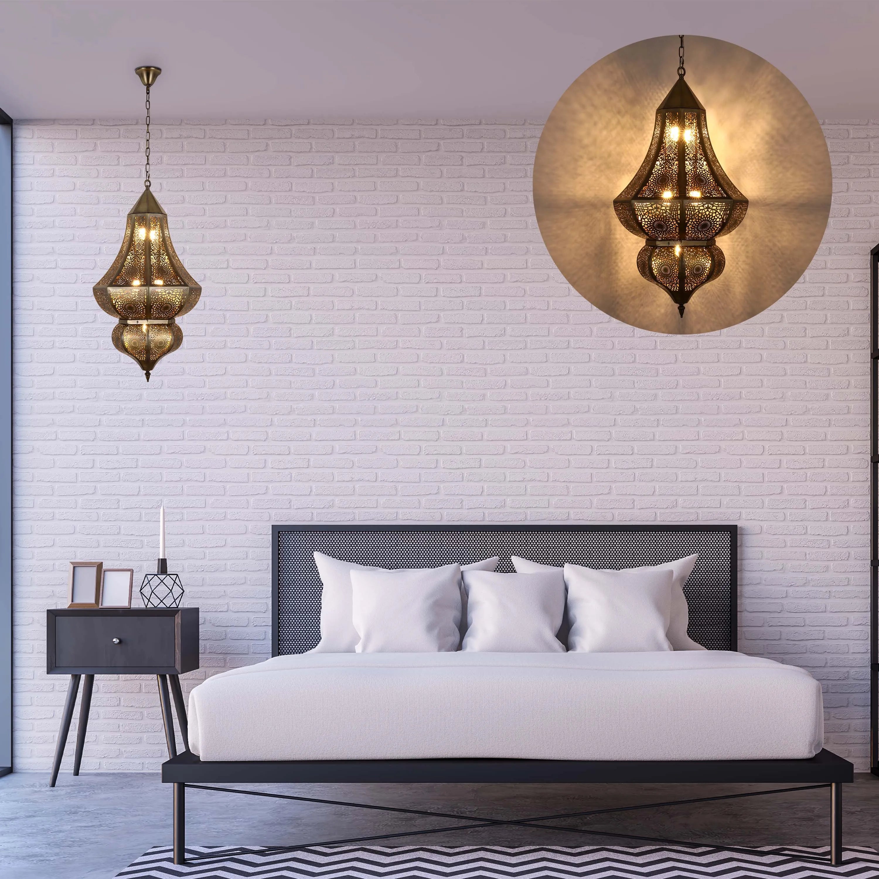 A decorative, gold-tone metal pendant light illuminates a bedroom. A second image shows a close-up of the light's intricate details.