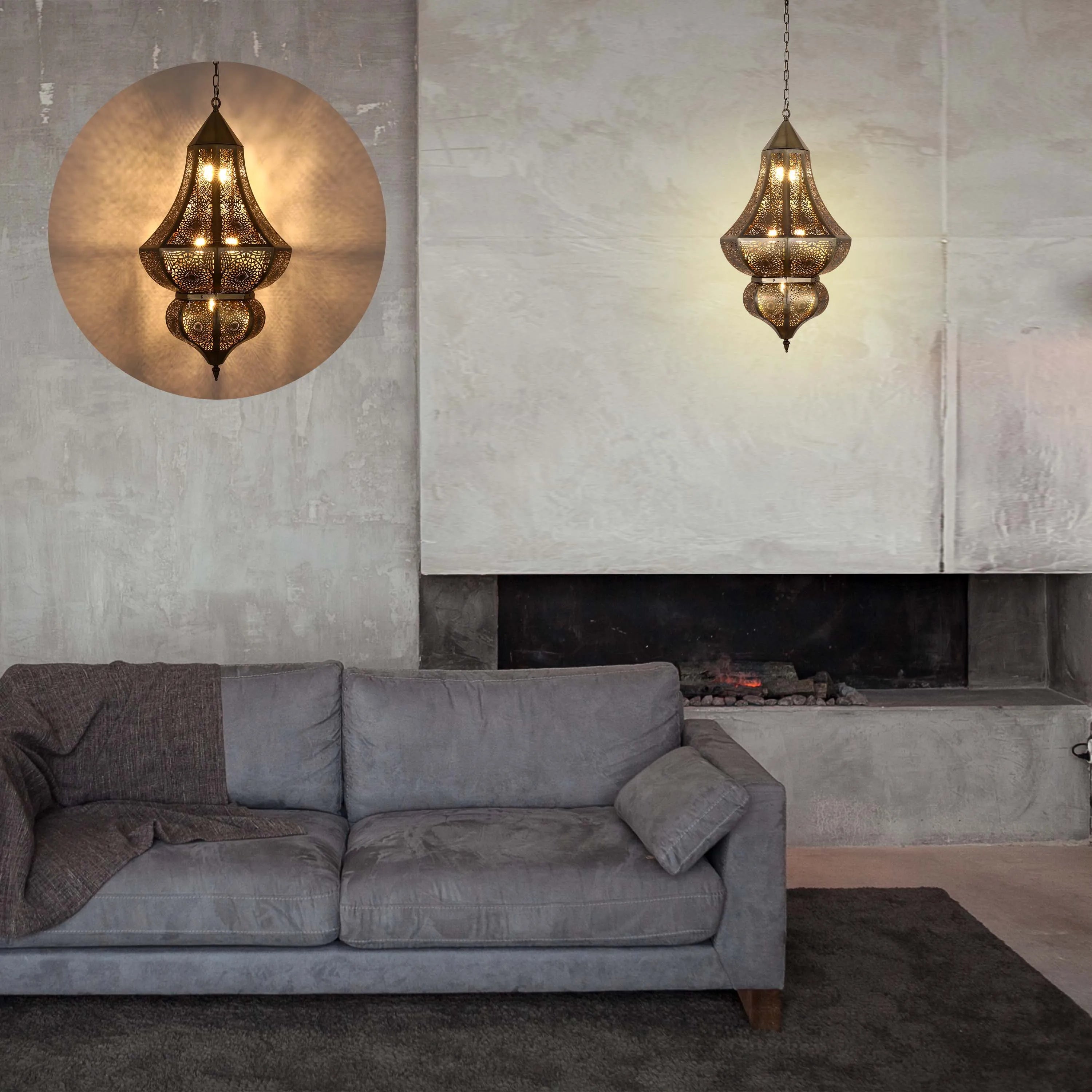 Ornate metal pendant lights cast patterned shadows. One is highlighted with a circular shape in this cozy living room setting.