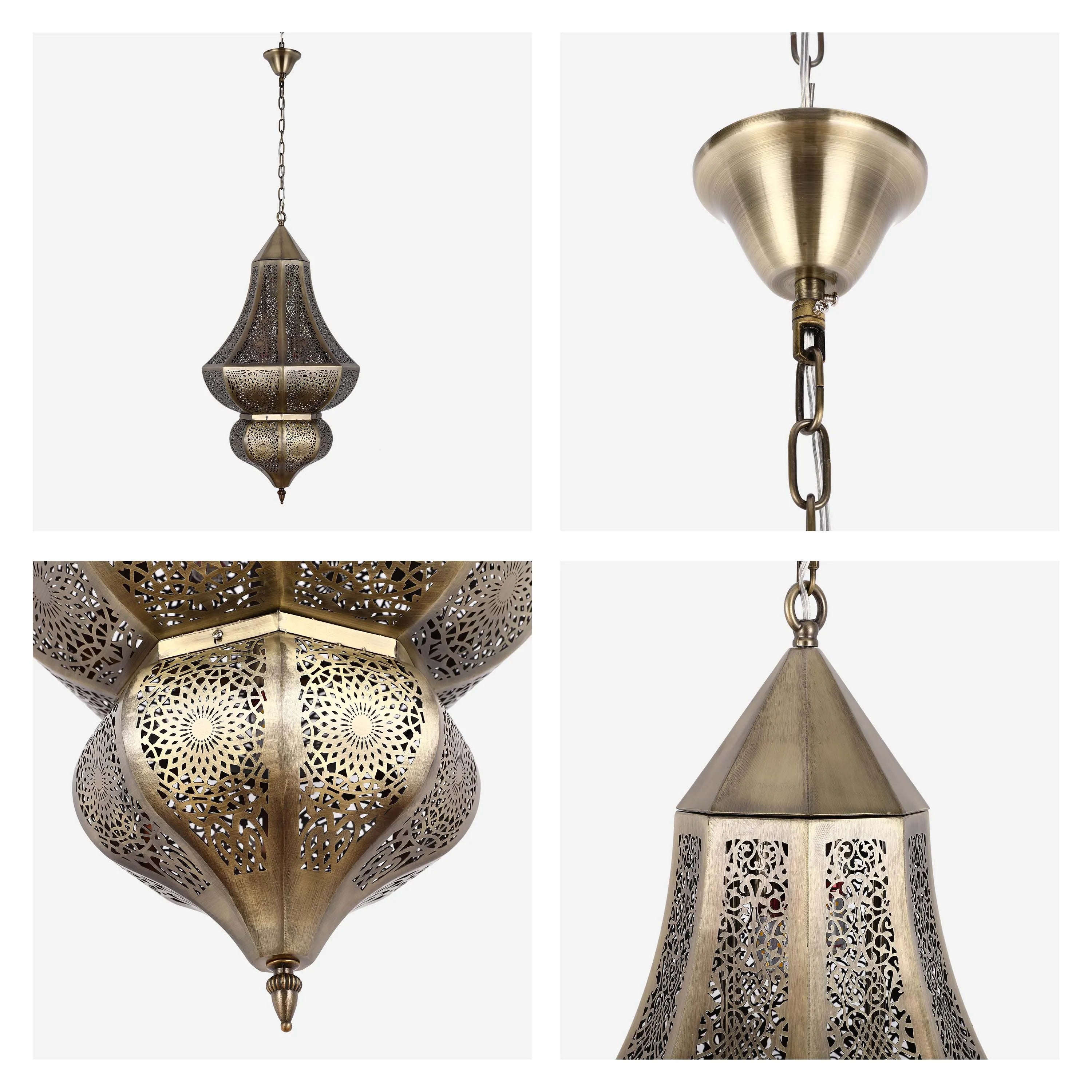 Ornate, patterned hanging lamp with a bronze finish. It features a chain and detailed cut-out designs.
