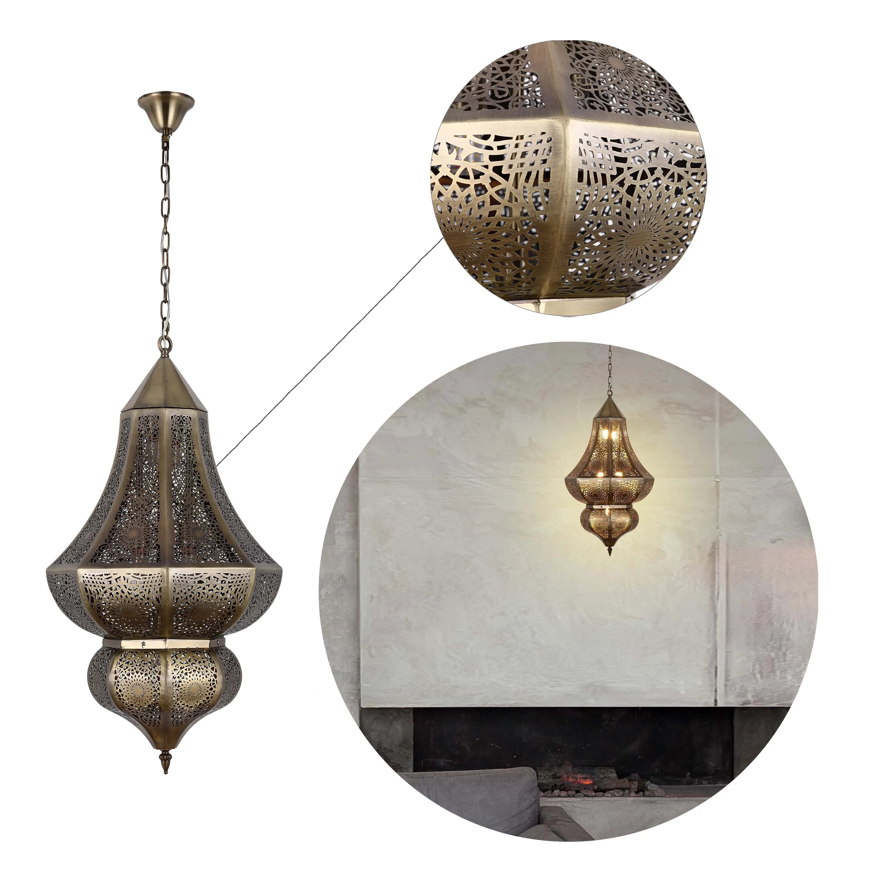 A stunning Moorish pendant light with intricate filigree, hanging on a chain. Creates beautiful light patterns.