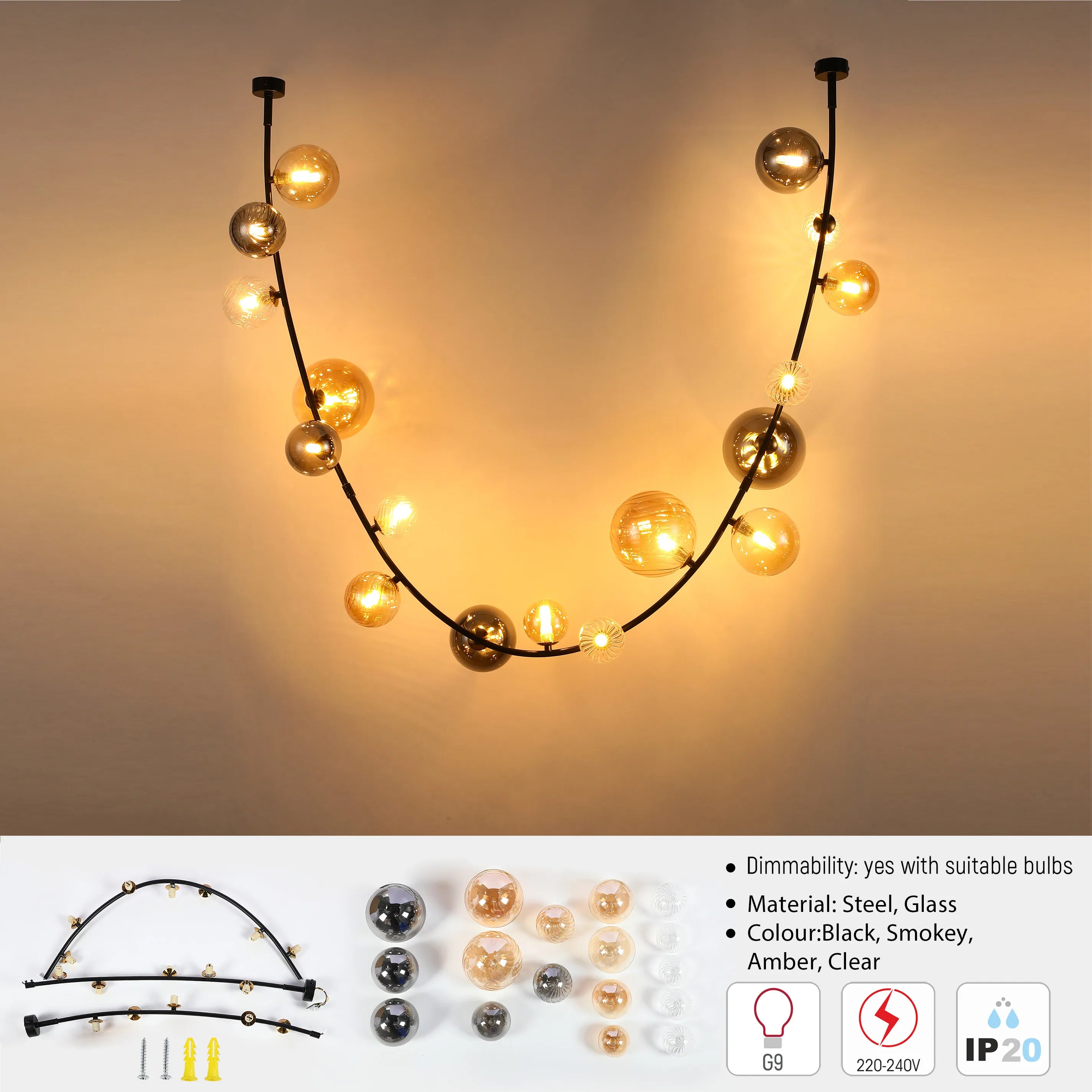 A curved, black steel and glass chandelier with a mixture of smokey, amber, and clear glass globe lights.