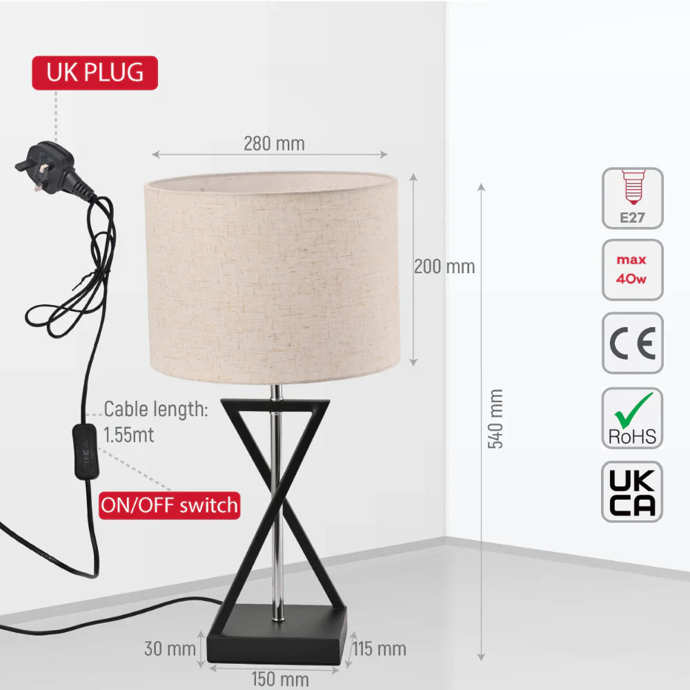 Size and tech specs of Nordic Art Deco Table Lamp  Black Nickel Flaxen | TEKLED 130-03636