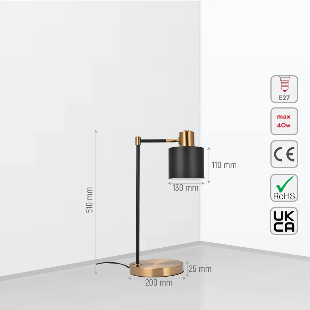 Size and tech specs of Nordic Pole Reading Desk Lamp Black Gold | TEKLED 130-03634