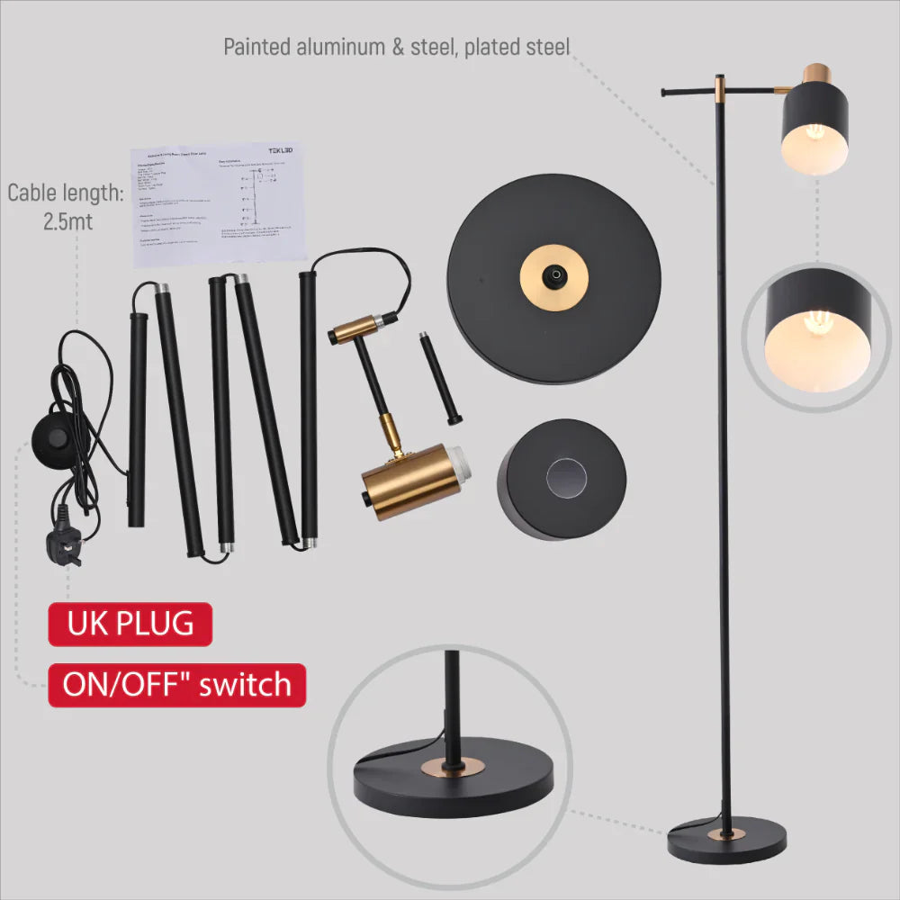 Details of Nordic Pole Reading Floor Lamp Black Gold | TEKLED 130-03514