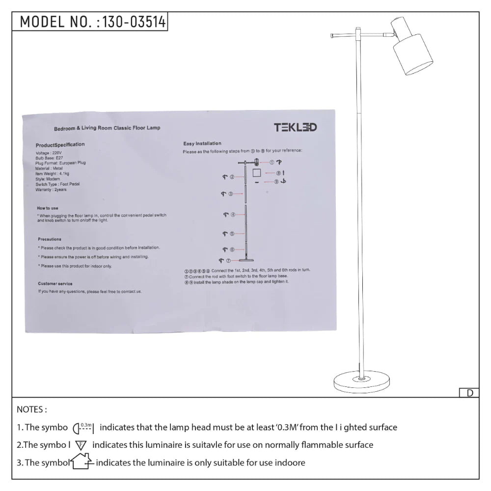 User manual for Nordic Pole Reading Floor Lamp Black Gold | TEKLED 130-03514