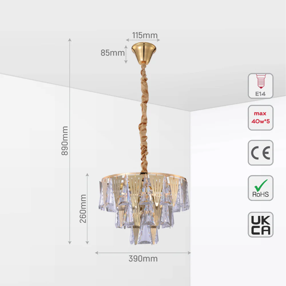 Size and tech specs of Opulent Gold Chandelier Ceiling Light with Triangular Crystal Elegance | TEKLED 159-17912