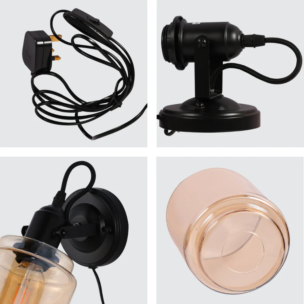 Plugged-In Adjustable Glass Cone Wall Light with Rocker Switch Black 7