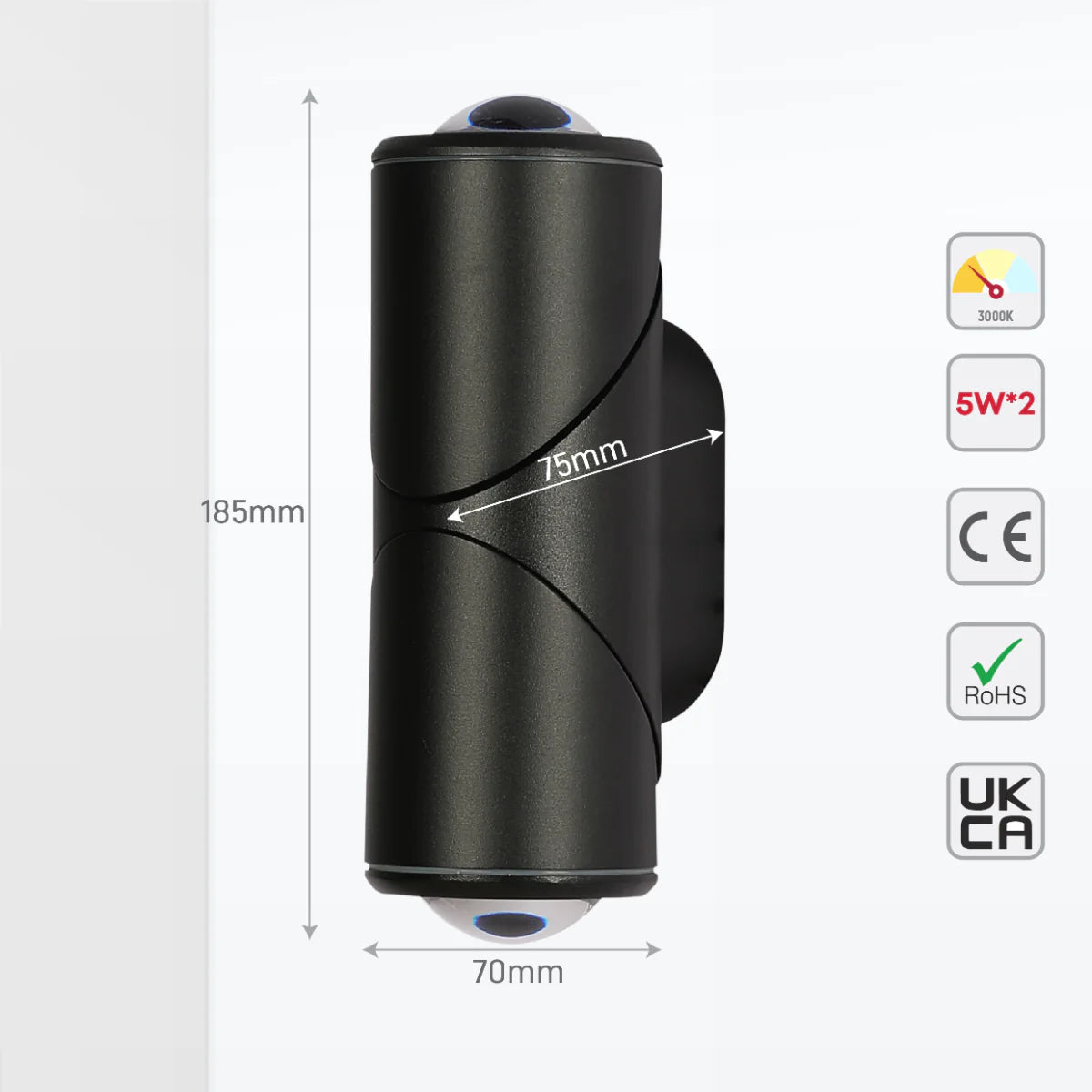 Size and certifications of Rotatable Cylinders Outdoor LED Wall Light Black 3000K Narrow Beam 182-034160
