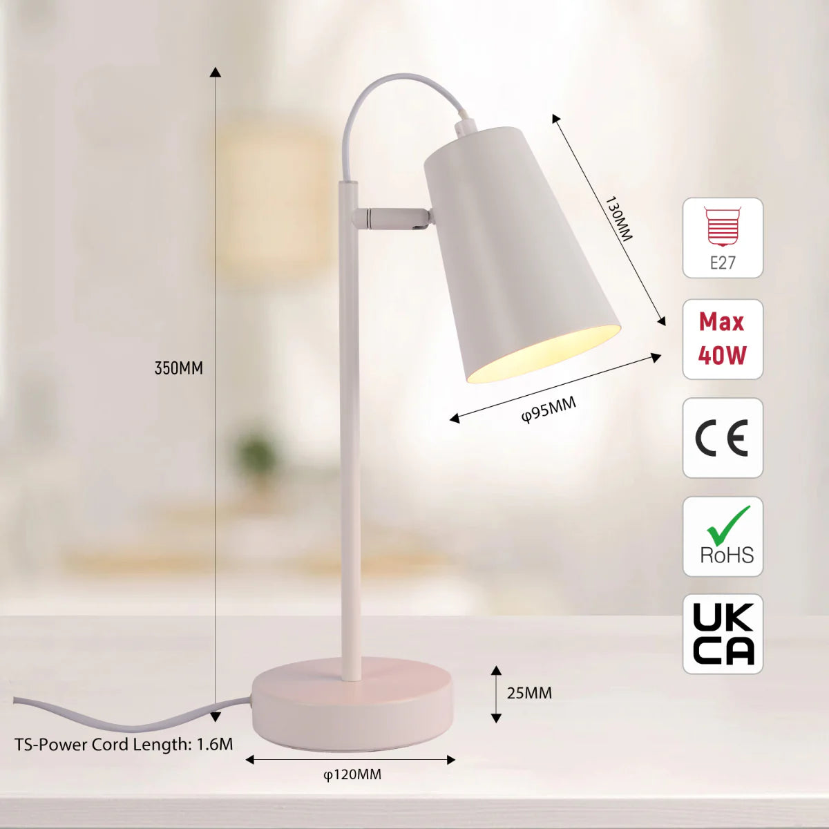 Size and certifications of Sleek Cut Cone Desk Lamp in Vibrant Colors - Modern Elegance 130-03666