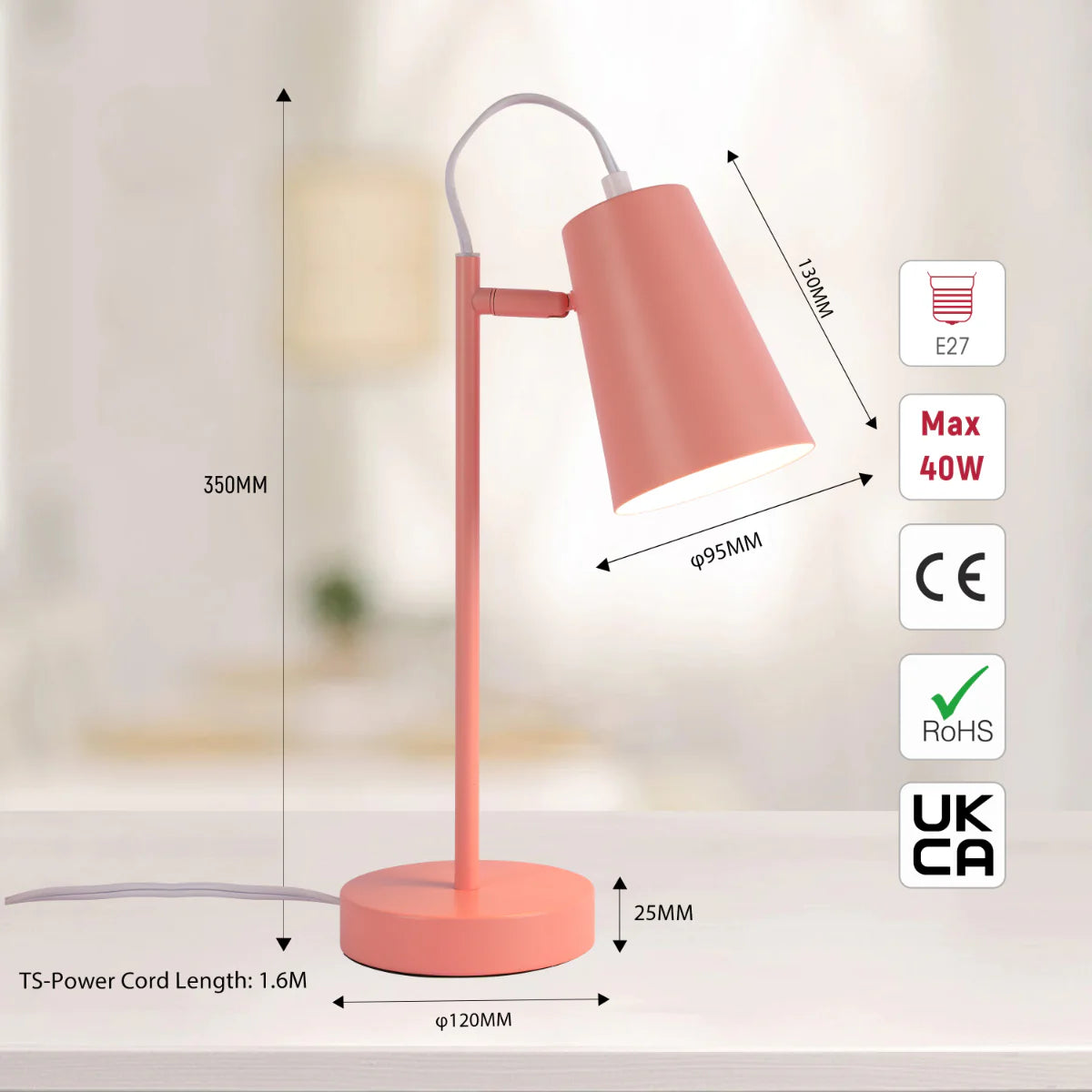 Size and certifications of Sleek Cut Cone Desk Lamp in Vibrant Colors - Modern Elegance 130-03668