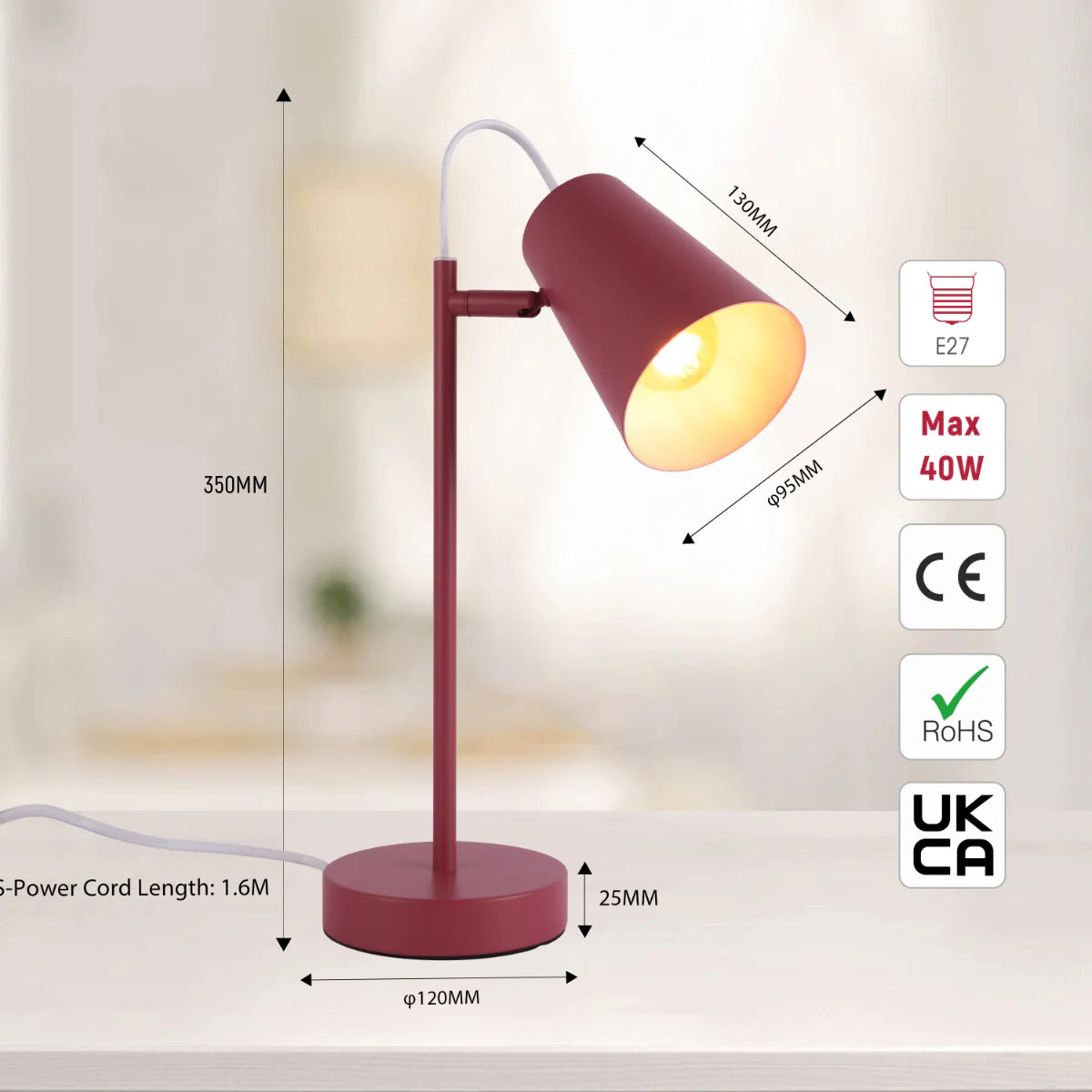 Size and certifications of Sleek Cut Cone Desk Lamp in Vibrant Colors - Modern Elegance 130-03672