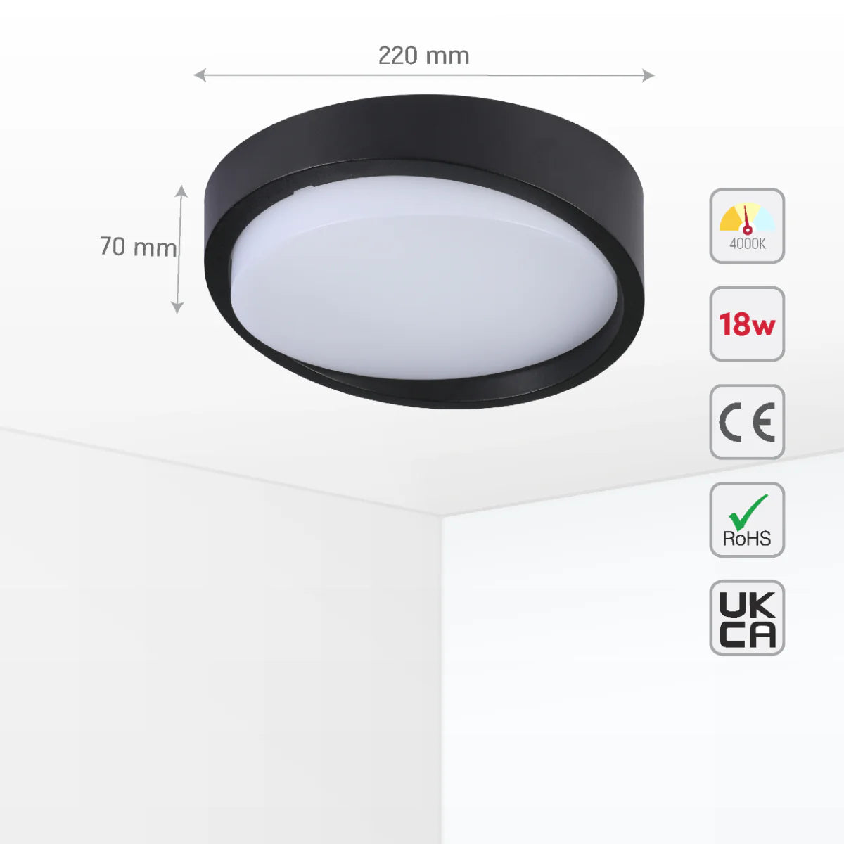 Size and certifications of Sleek LED Bulkhead Light IP65 Ceiling Wall Interior Exterior 18W 4000K Black 181-15365