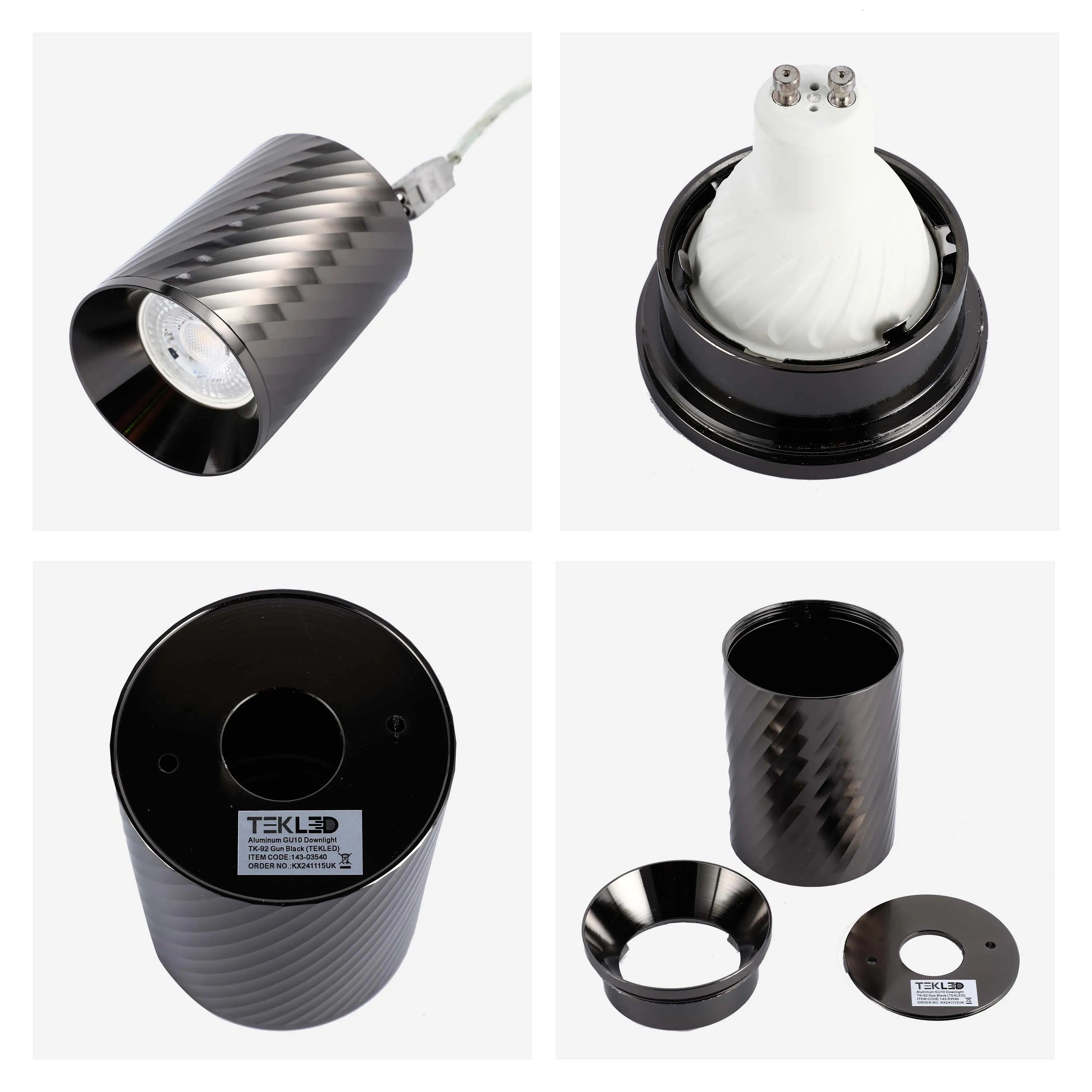 Selection of Gun Black, aluminium GU10 downlights. Contemporary designs with a twisted textured finish.