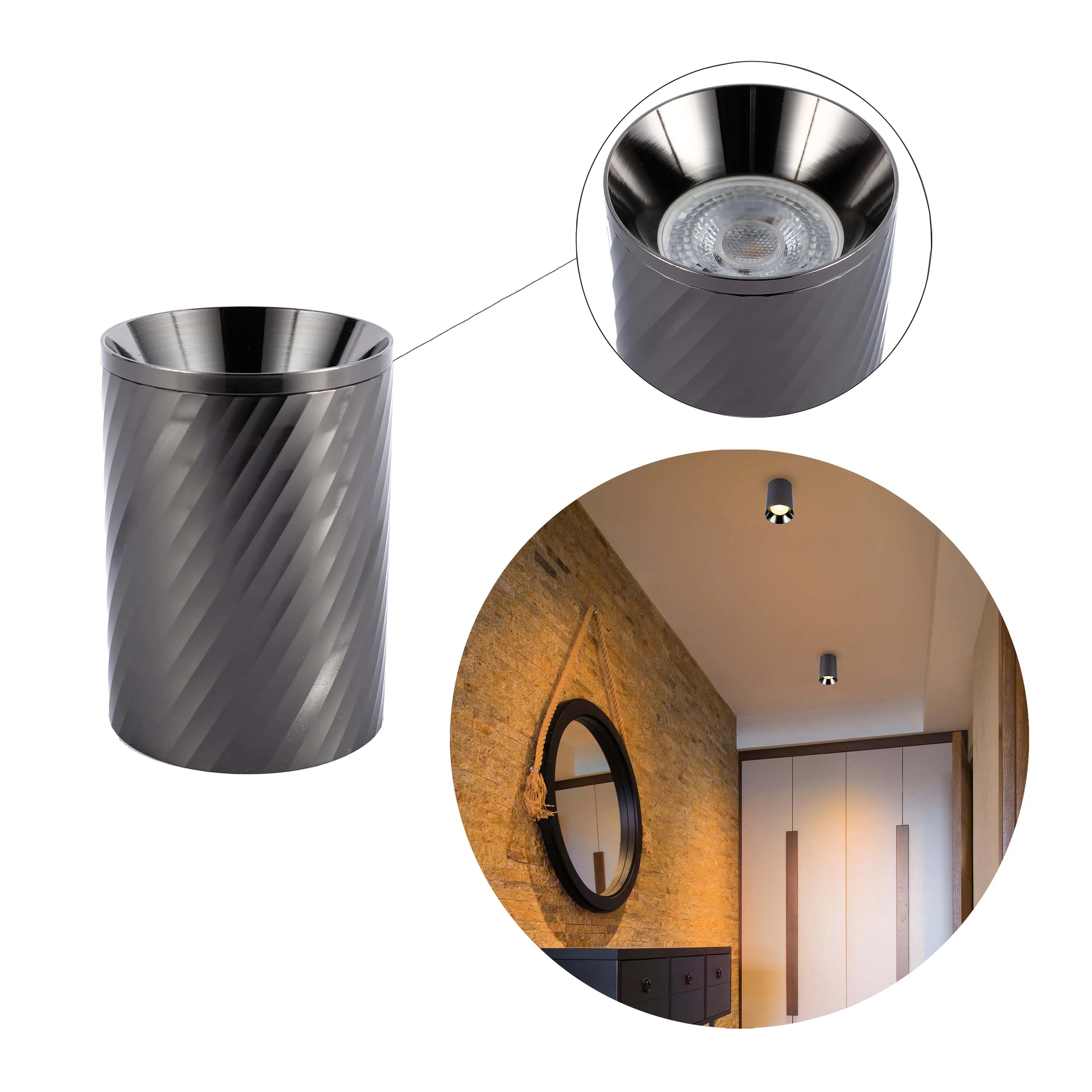 A stylish grey ceiling light fixture on display, with close ups of its bulb and design features.