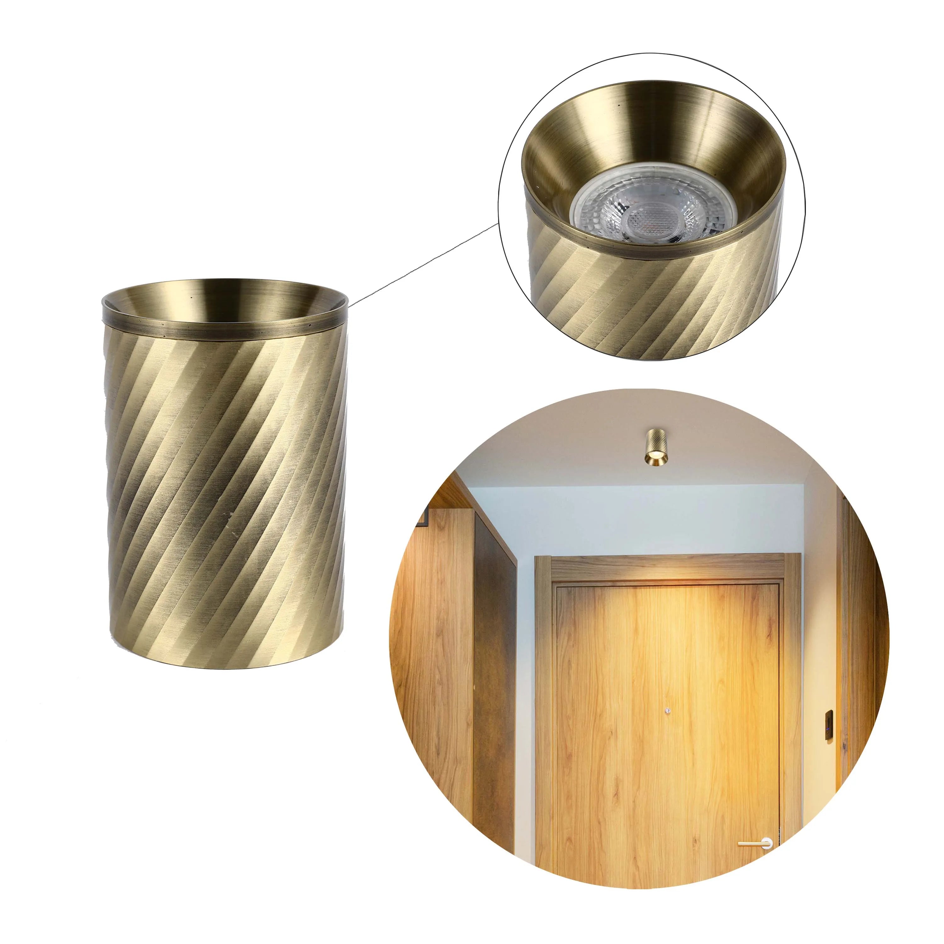 An antique-style brass ceiling light fixture with a modern LED bulb inside.