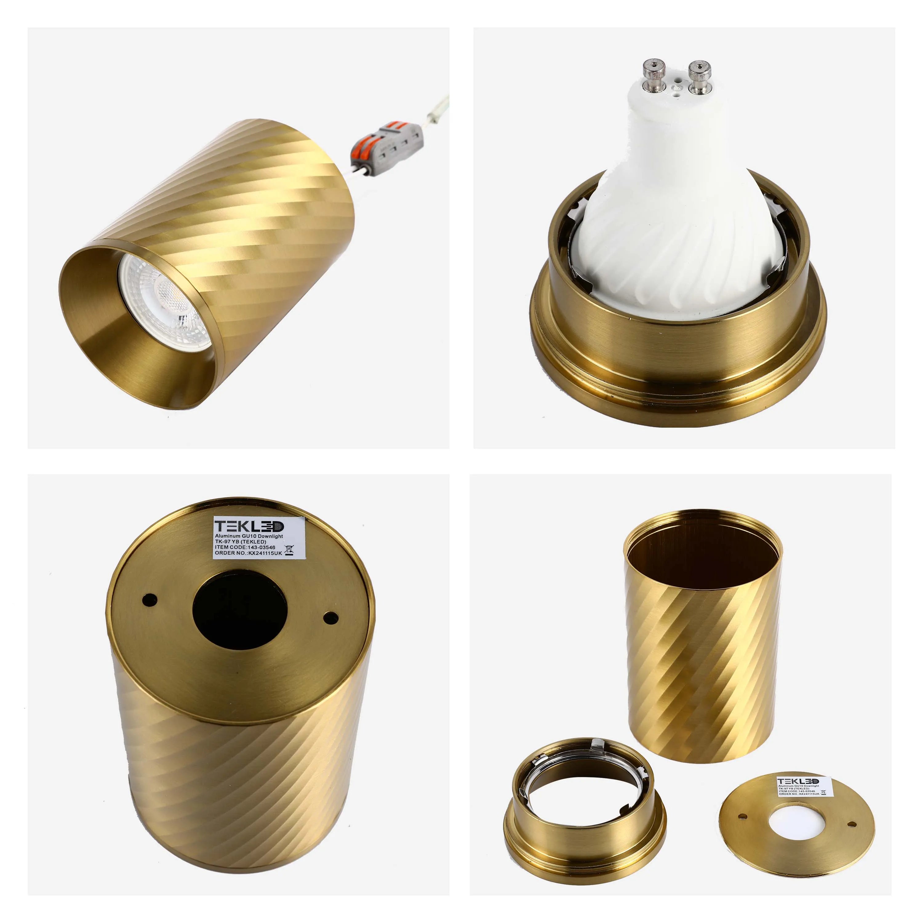 A contemporary, textured gold downlight, disassembled. This stylish fitting makes an impact with its eye-catching design.